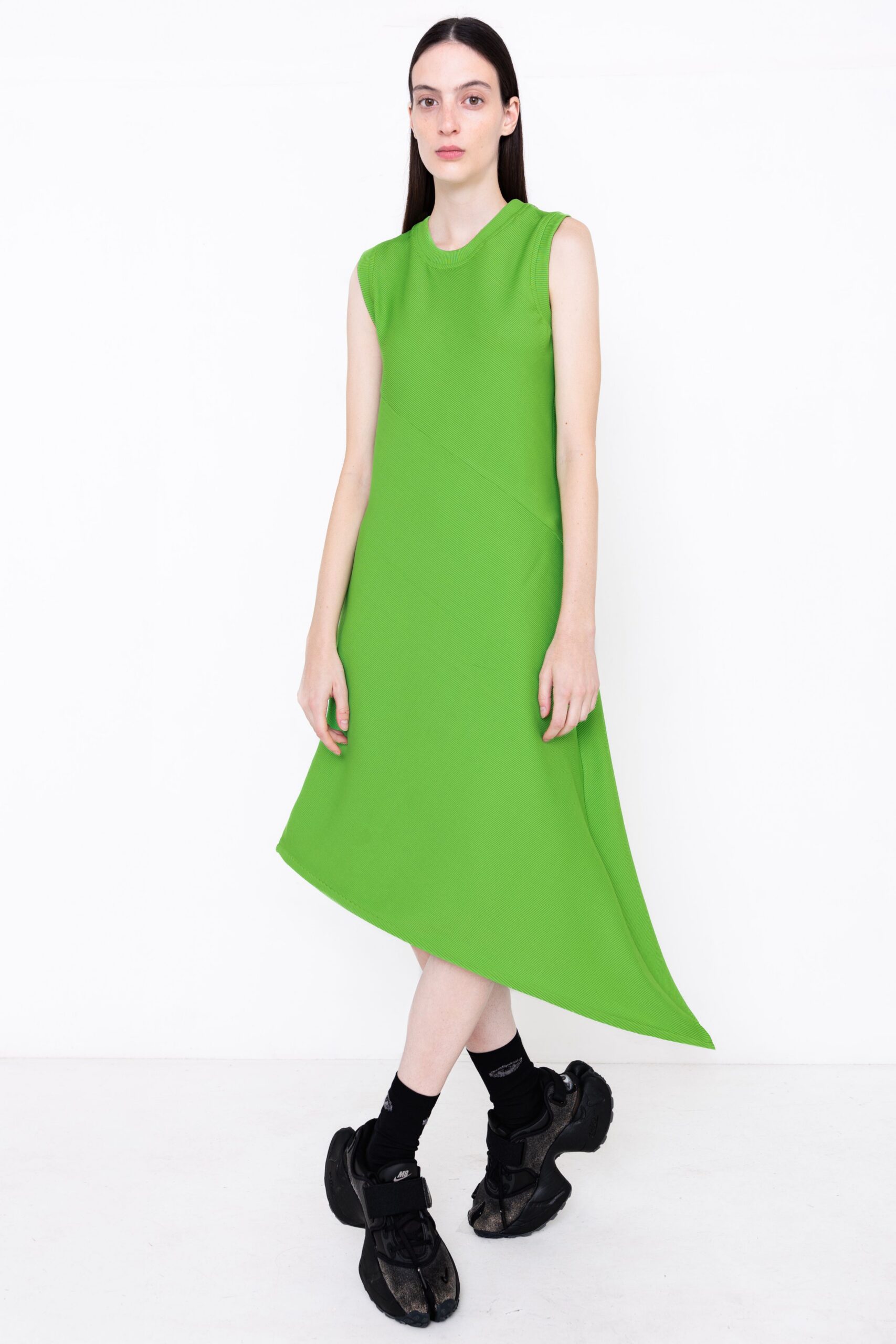 asymmetric green knit midi dress