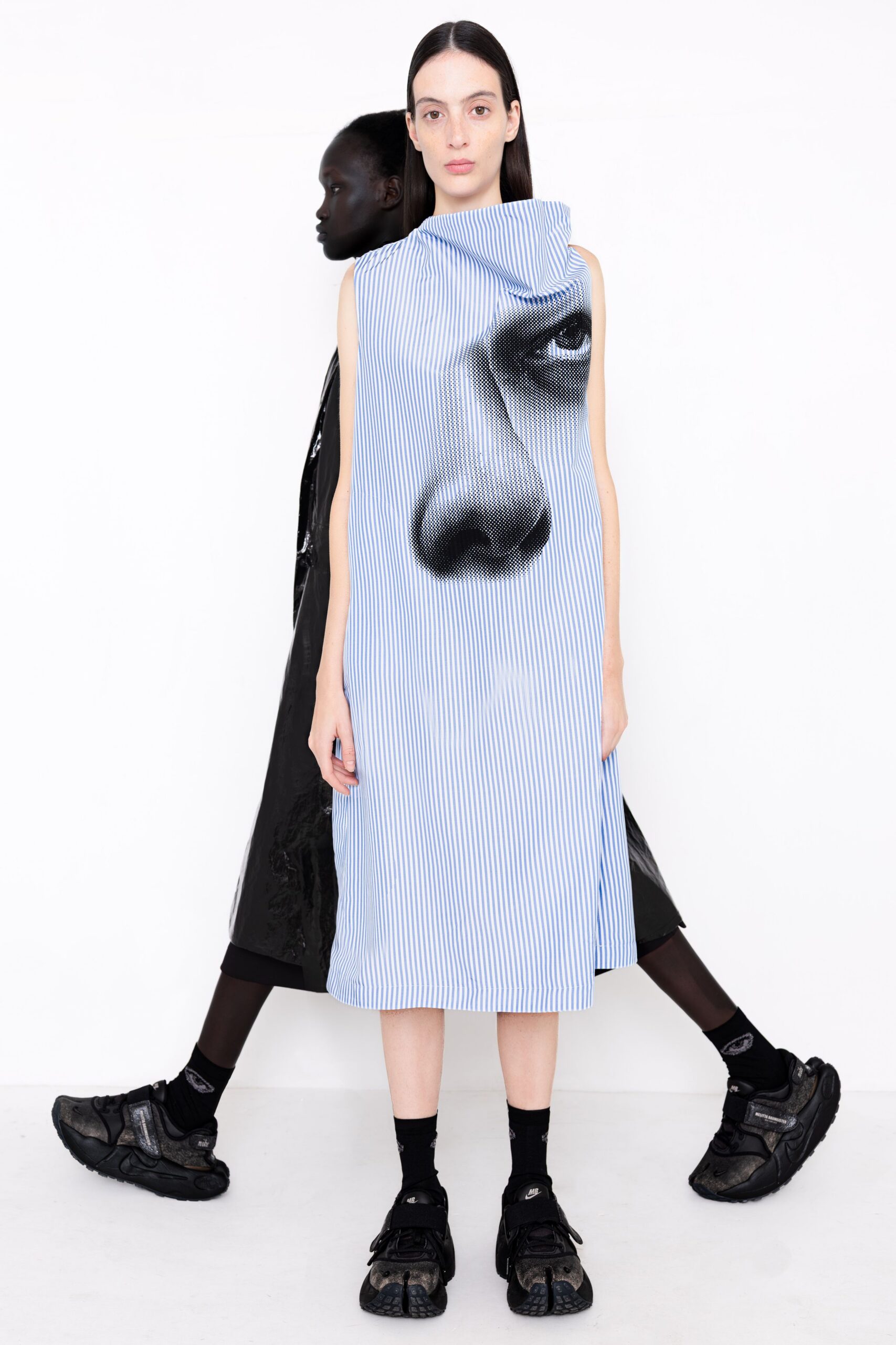striped face-print midi dress