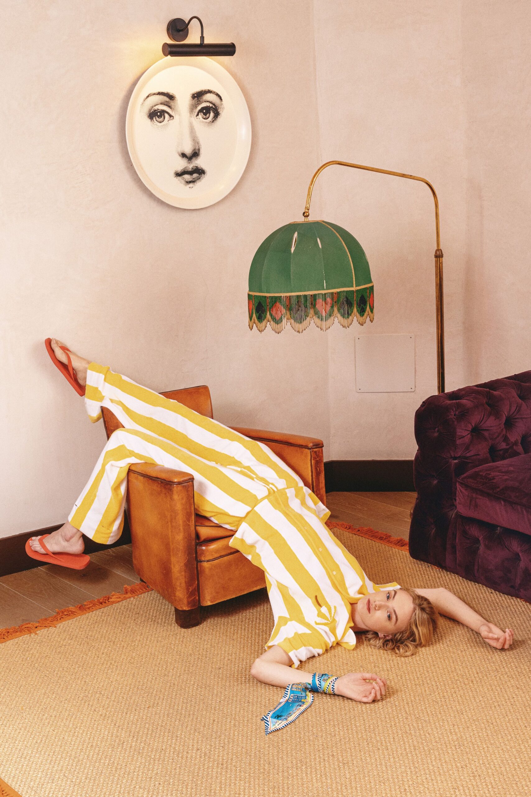 yellow and white striped jumpsuit