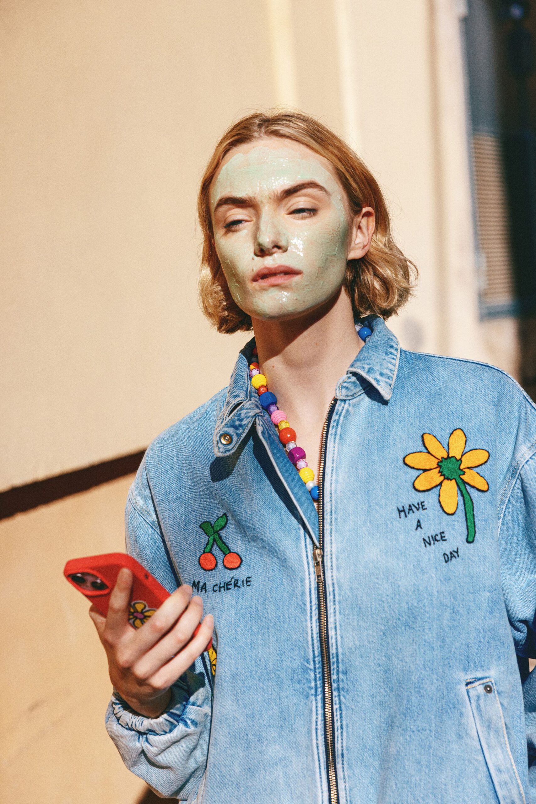 embroidered denim zip-front jacket