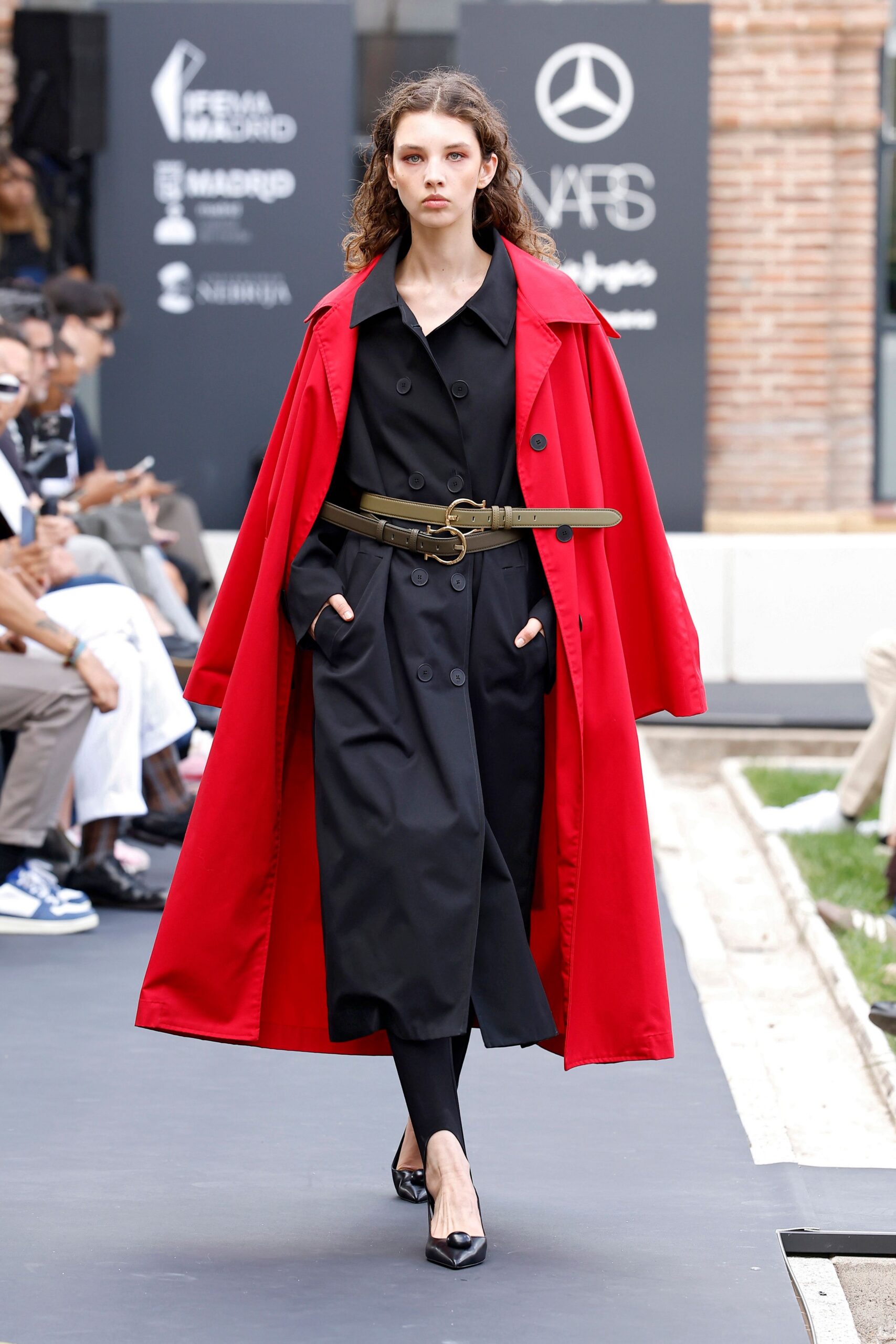 red long-sleeve collared oversized flowing maxi coat