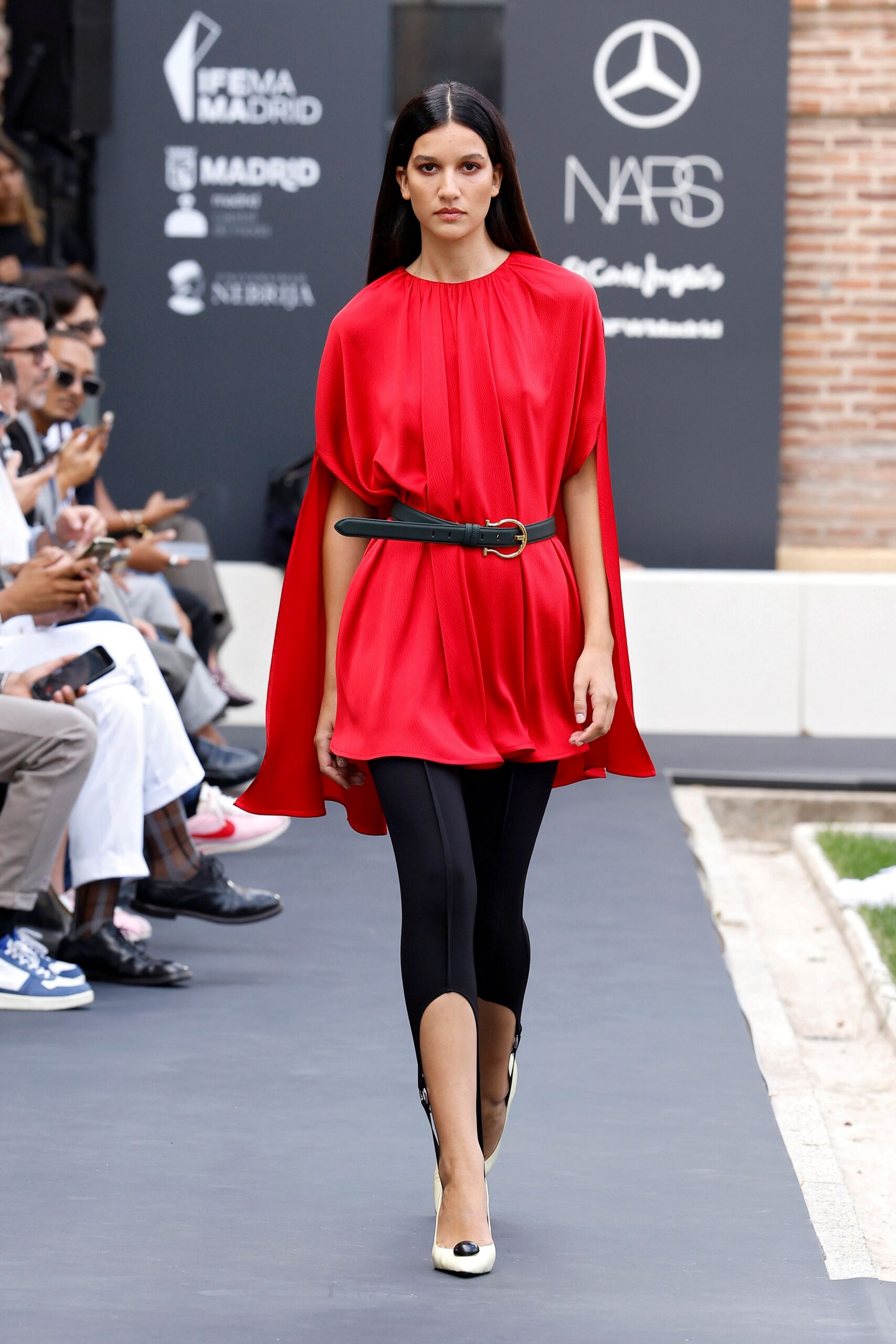 red cape-sleeve belted mini dress