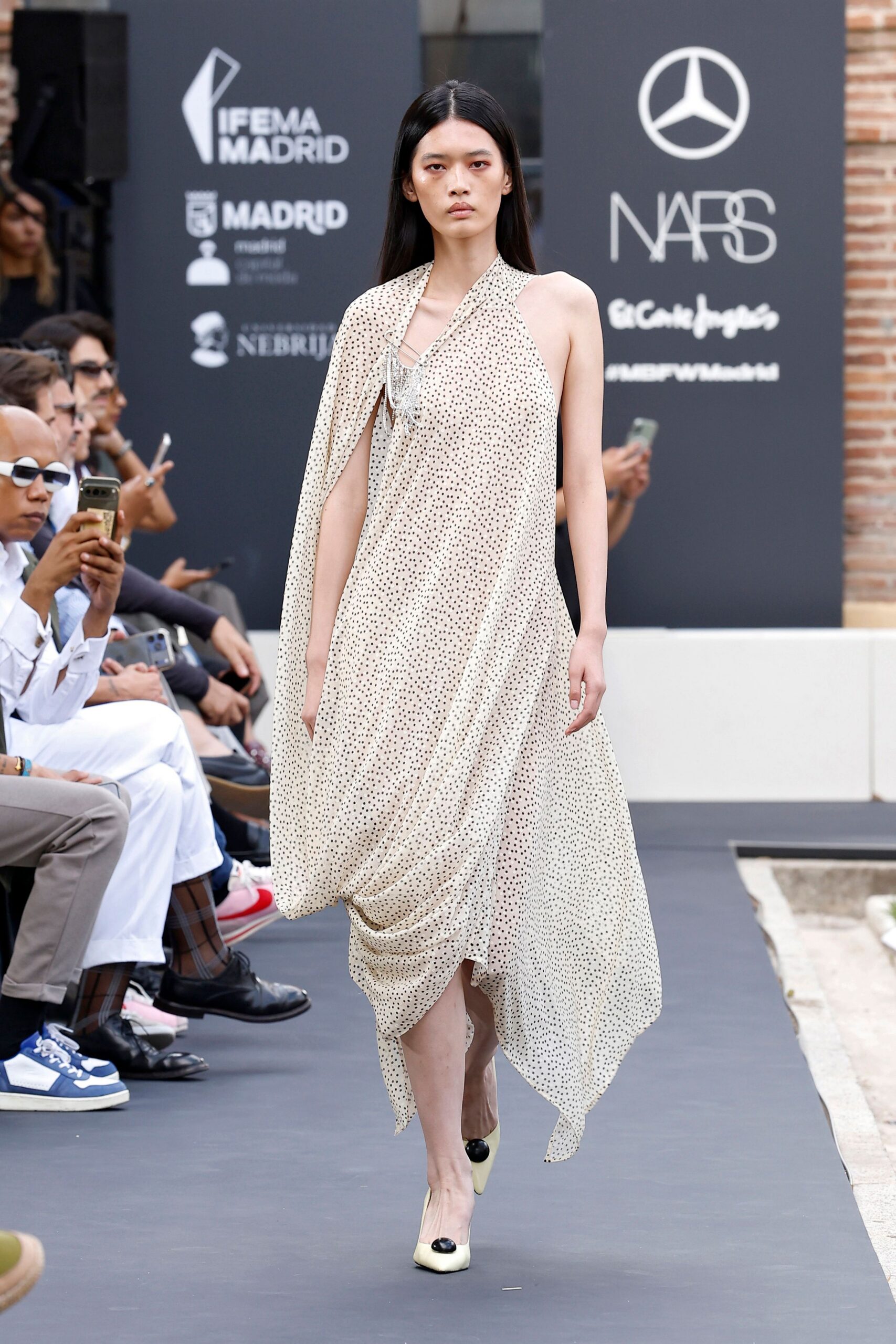 asymmetric polka-dot halter maxi dress