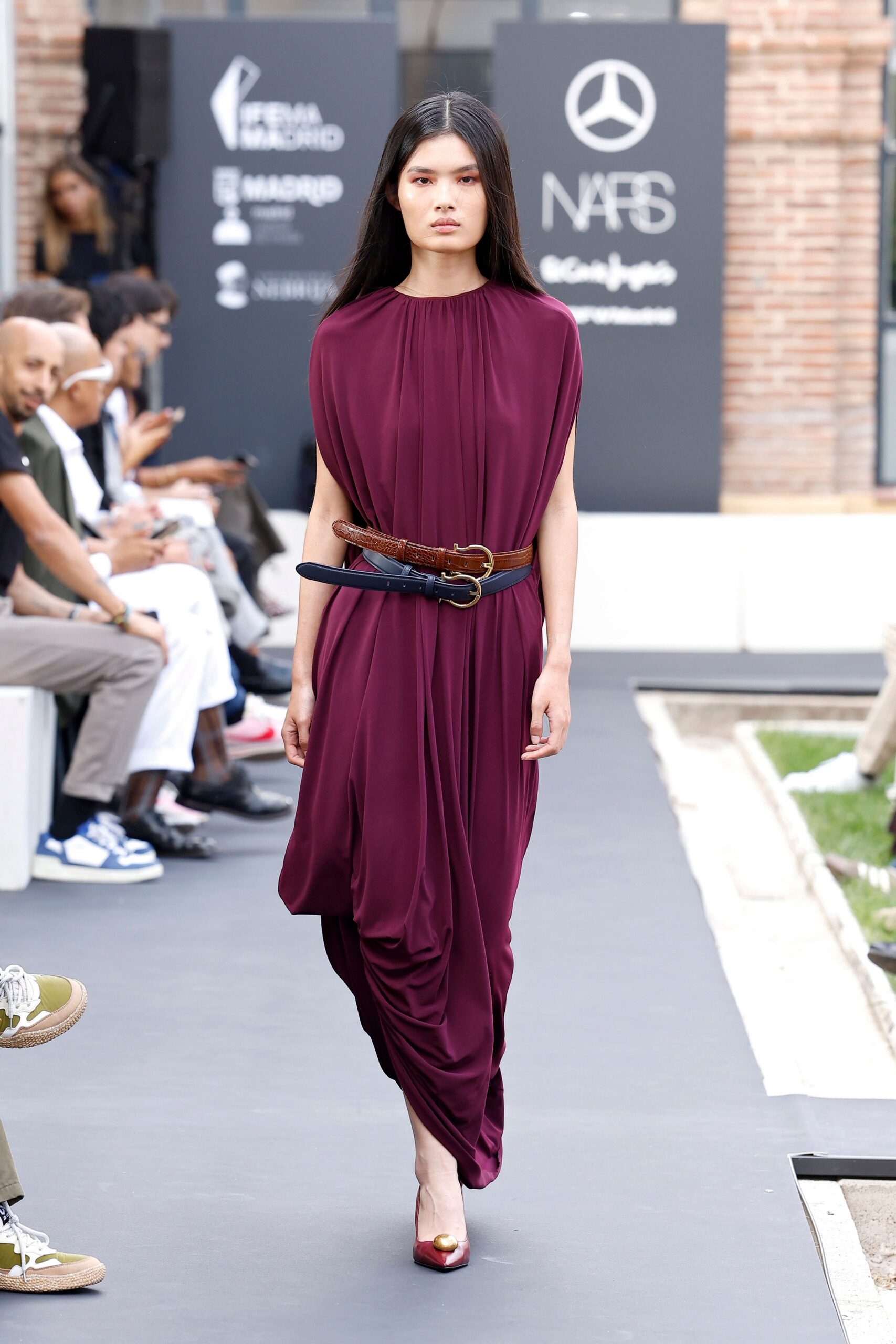 draped plum satin jumpsuit