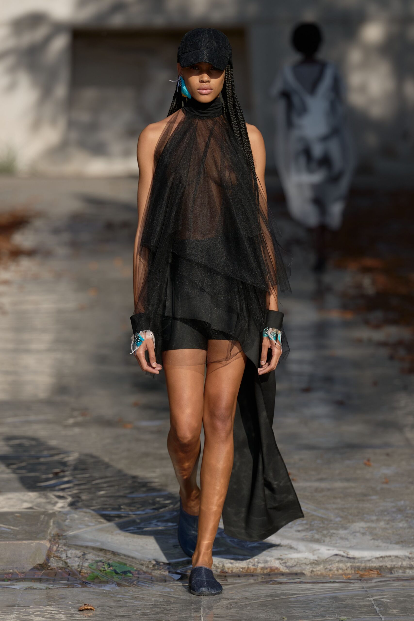black tulle halter high-neck layered draped dress