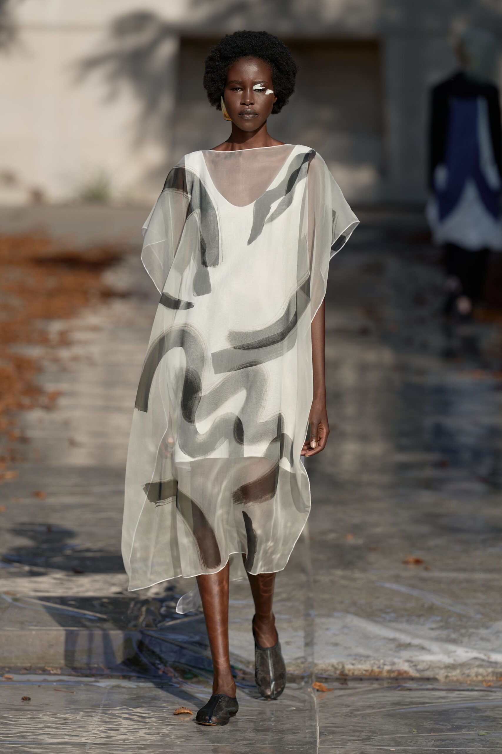 sheer abstract-print caftan dress