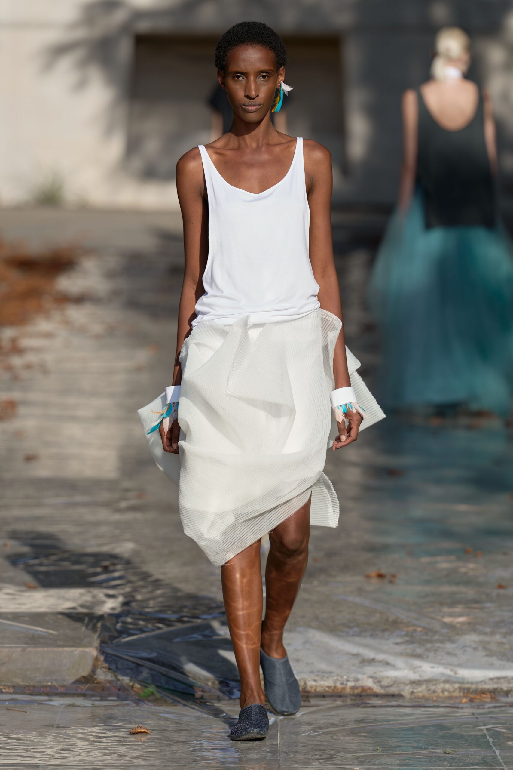 white draped pleated asymmetric dress