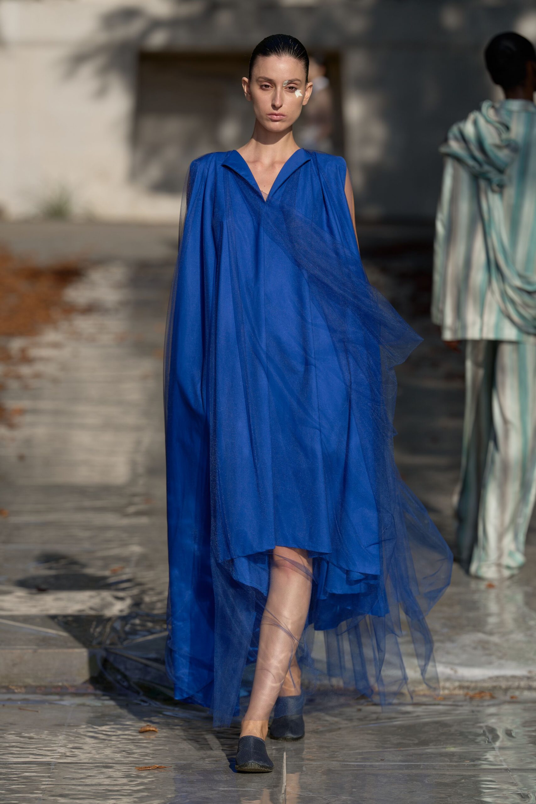 sheer blue draped tulle dress