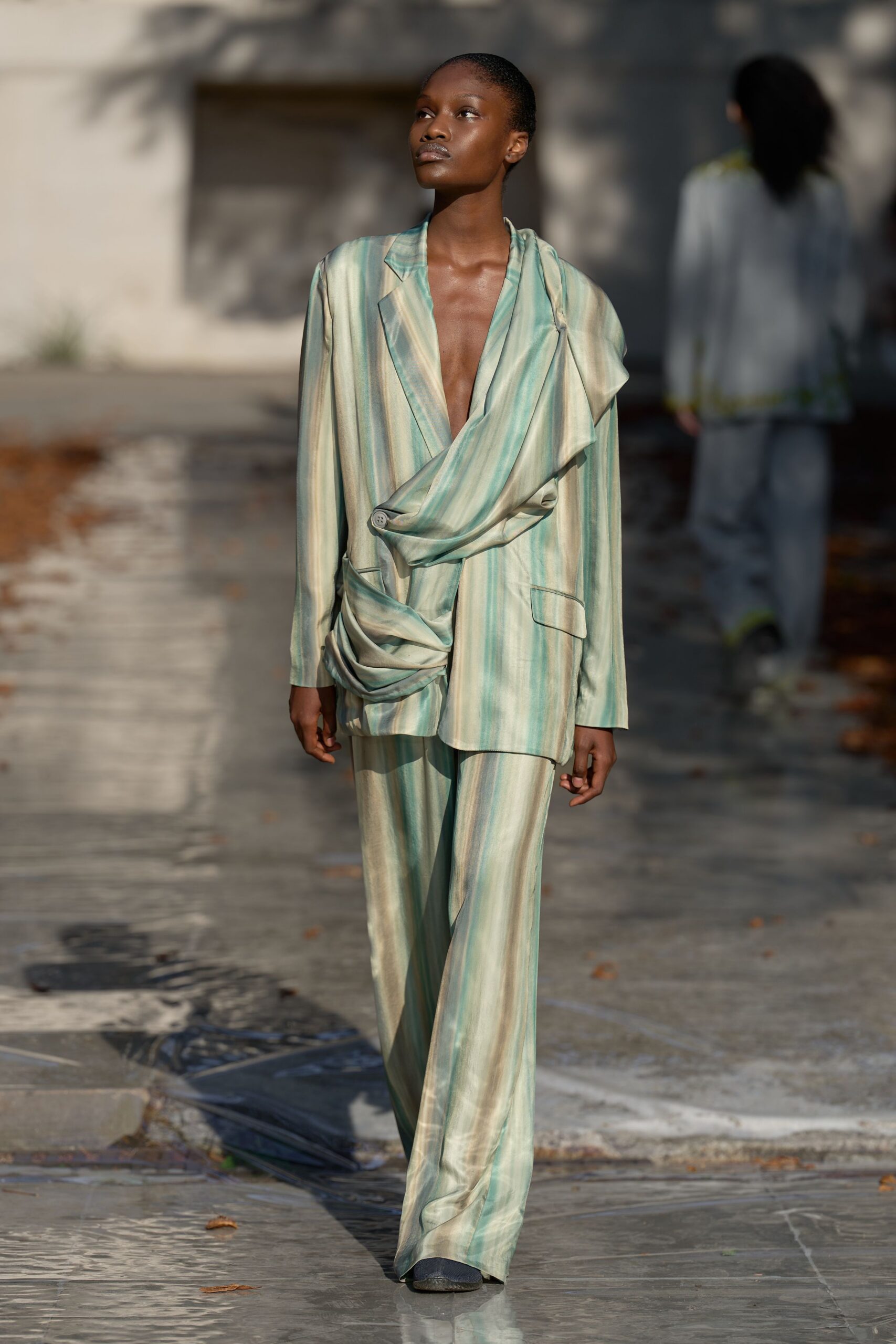 draped satin blazer and wide-leg trousers