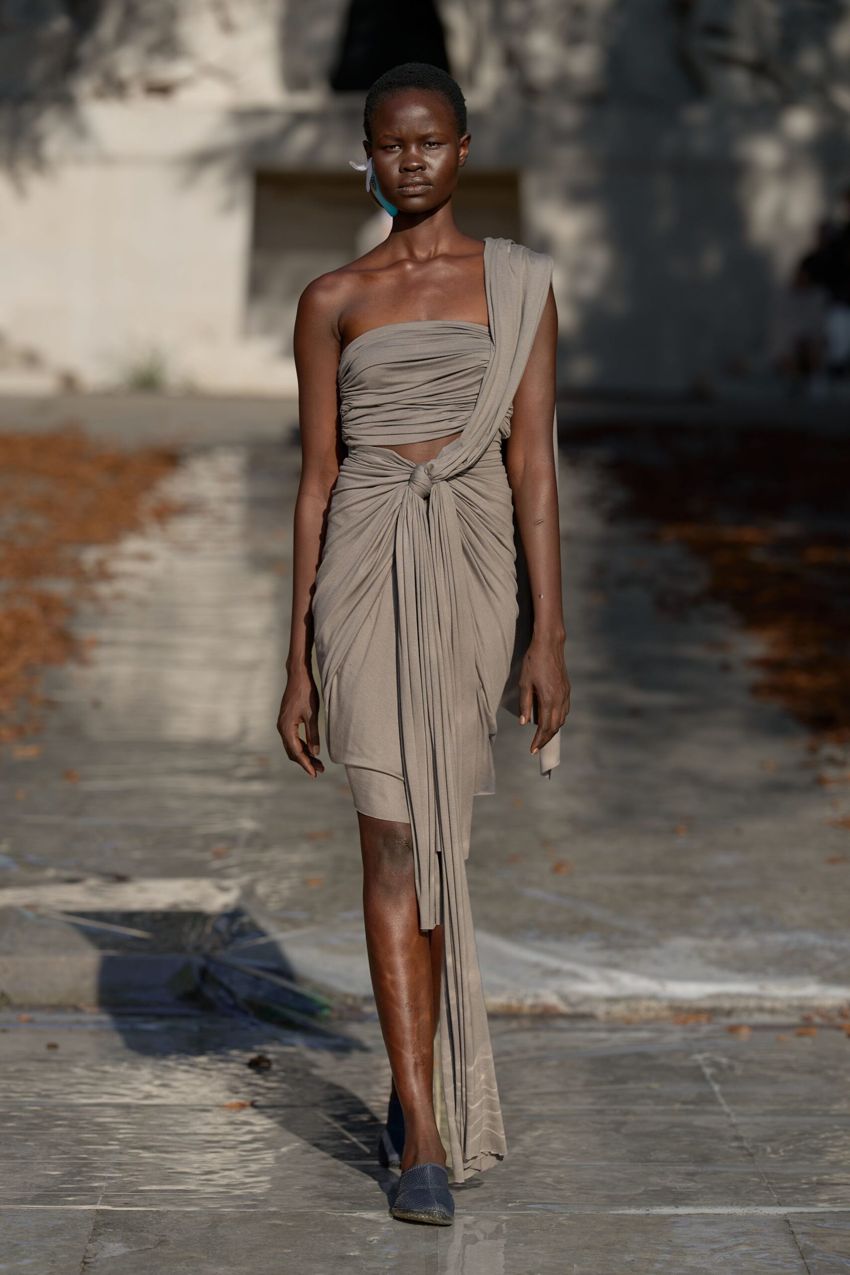 one-shoulder draped cutout mini dress