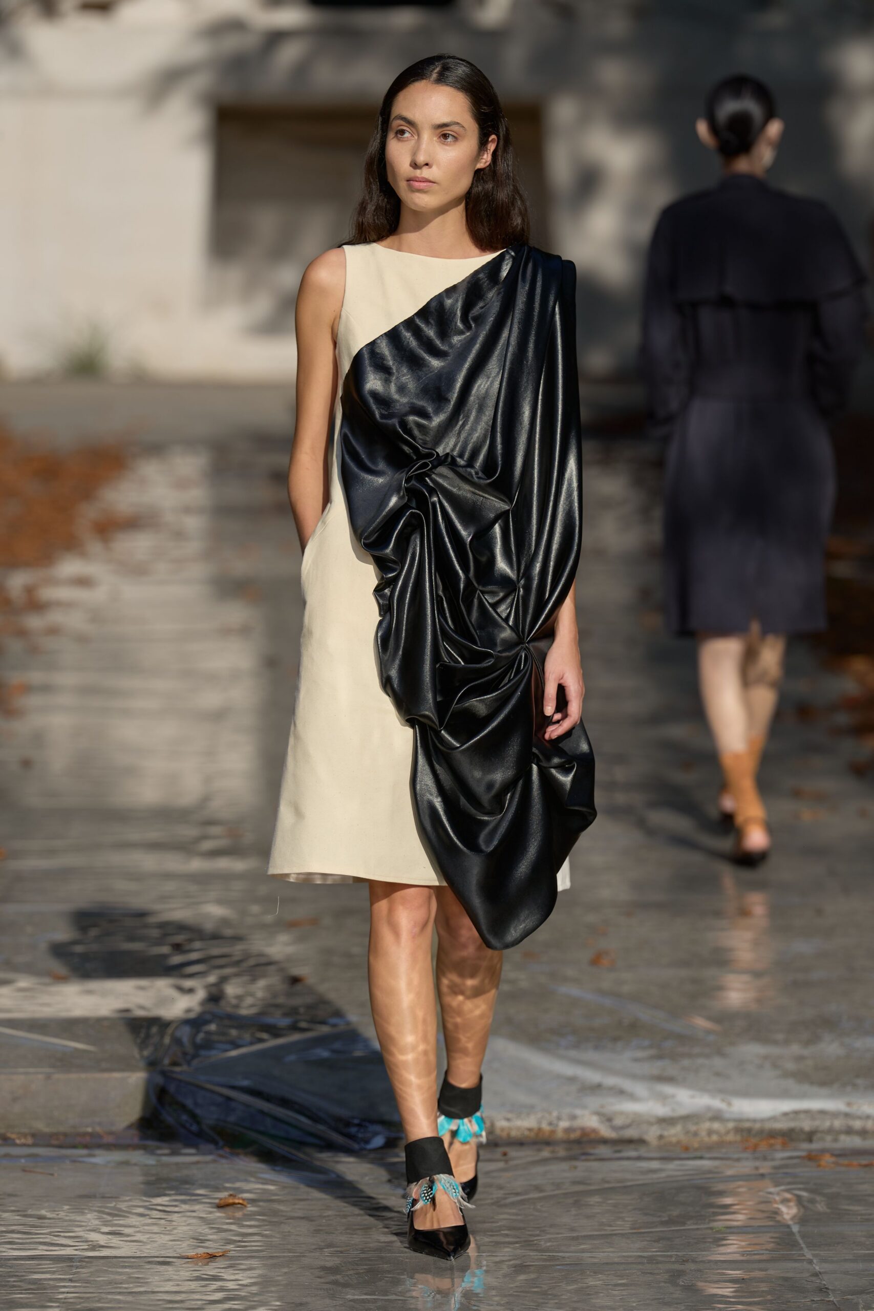 ivory leather sleeveless boat-neck draped ruched shiny midi-dress