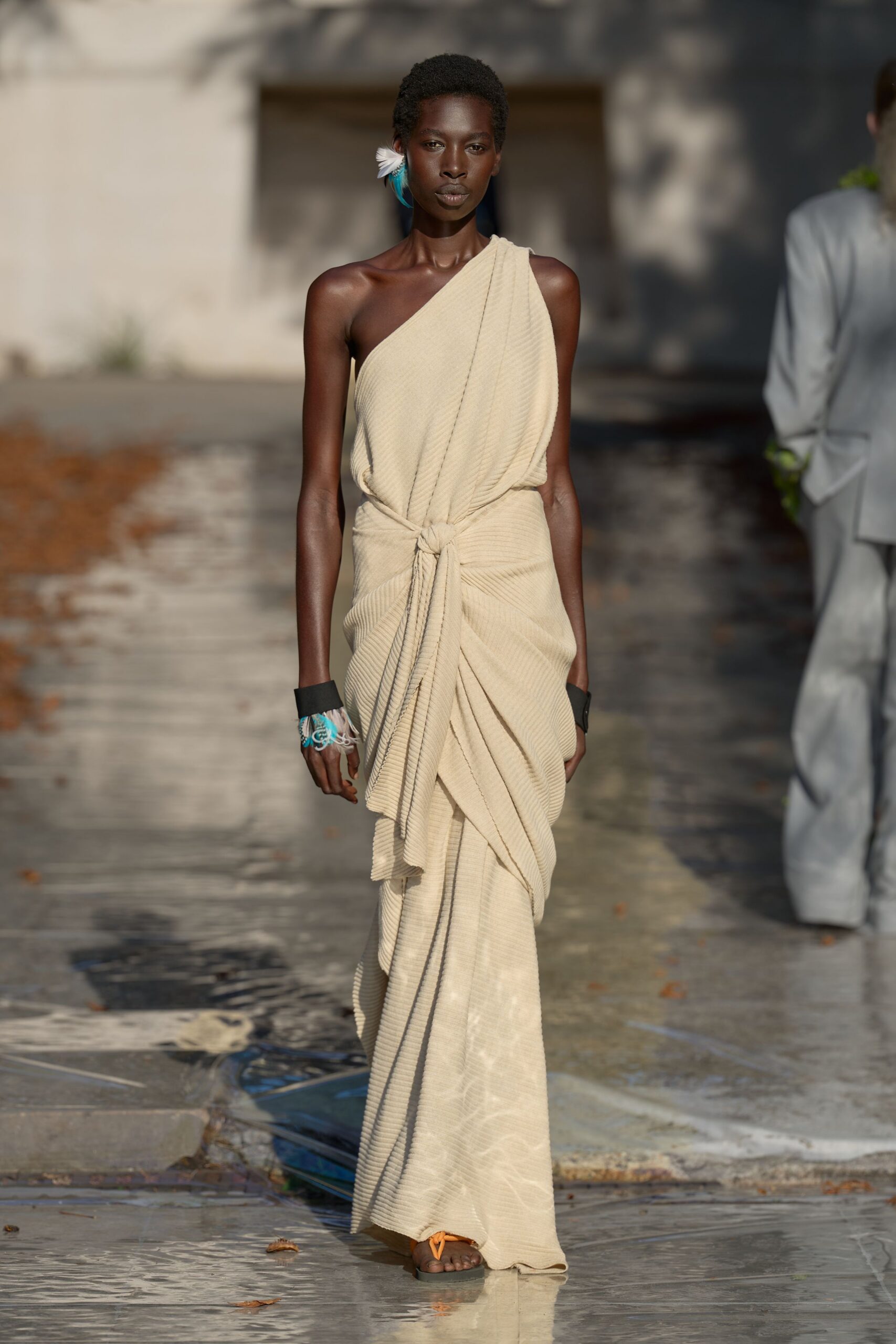 ivory one-shoulder draped gown