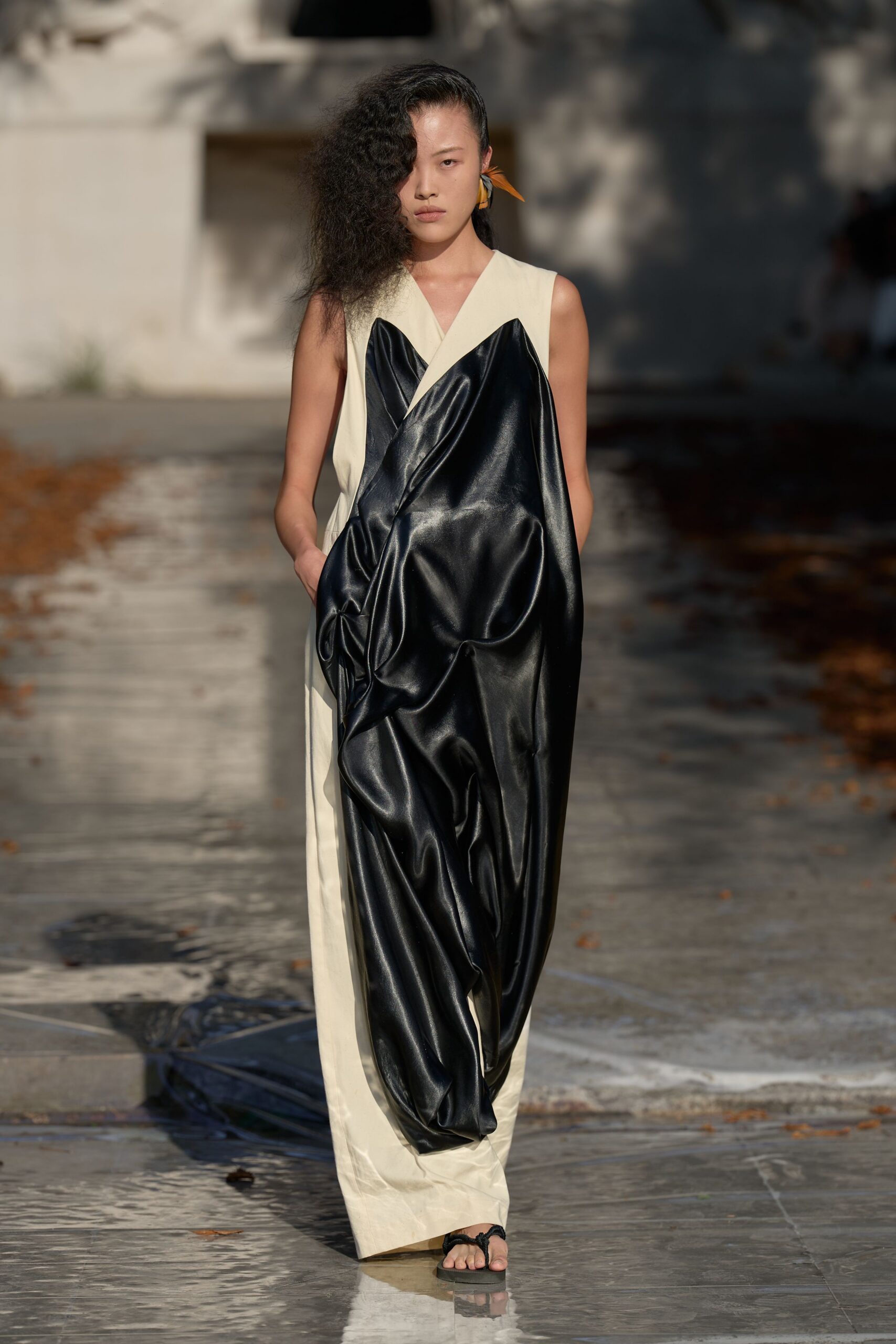 asymmetric draped color-block evening gown