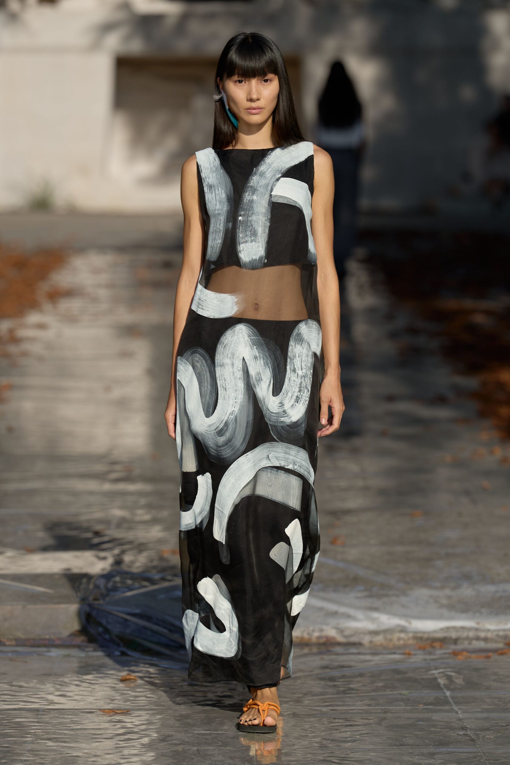 brushstroke print sheer cutout maxi dress