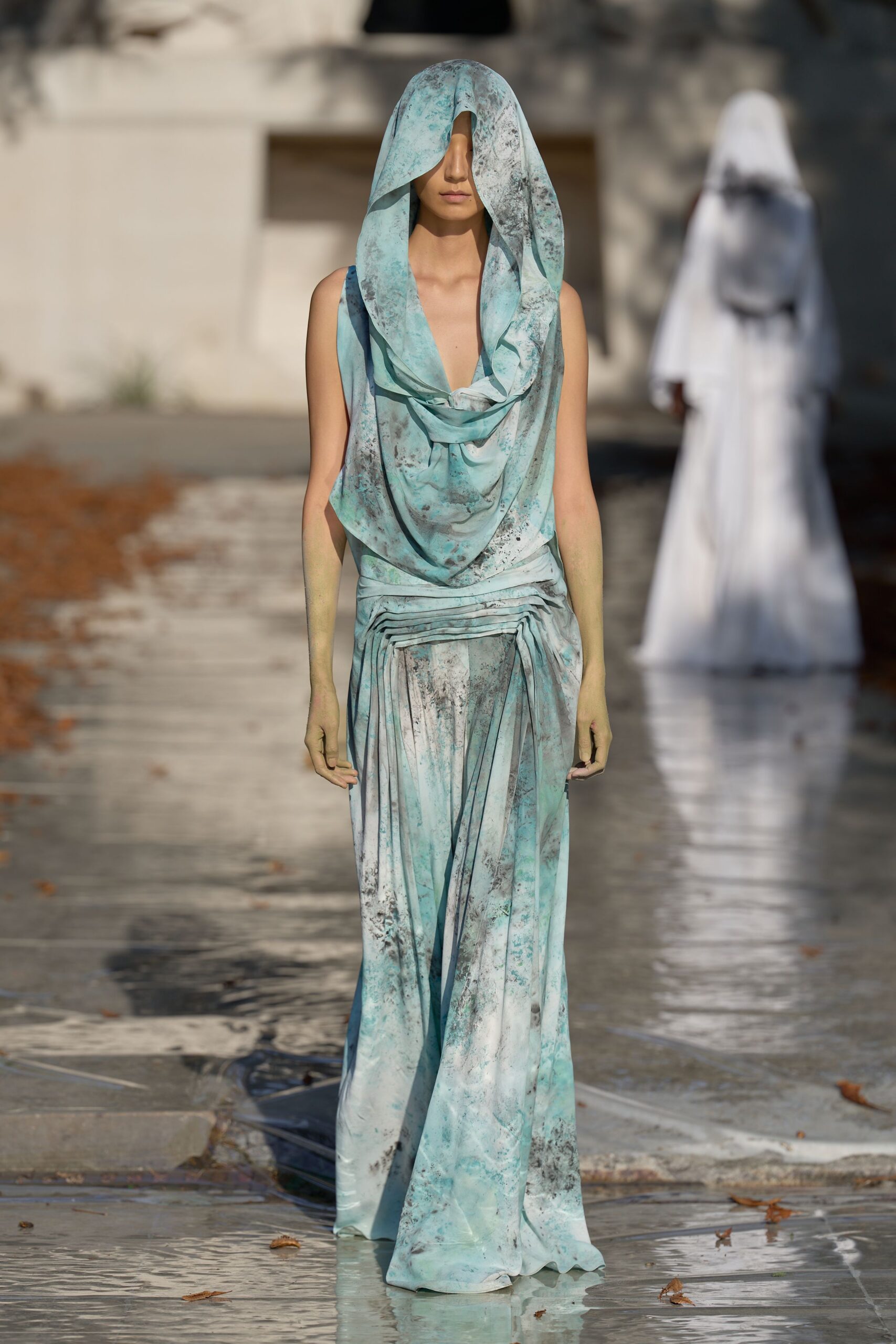 draped cowl-hood evening gown