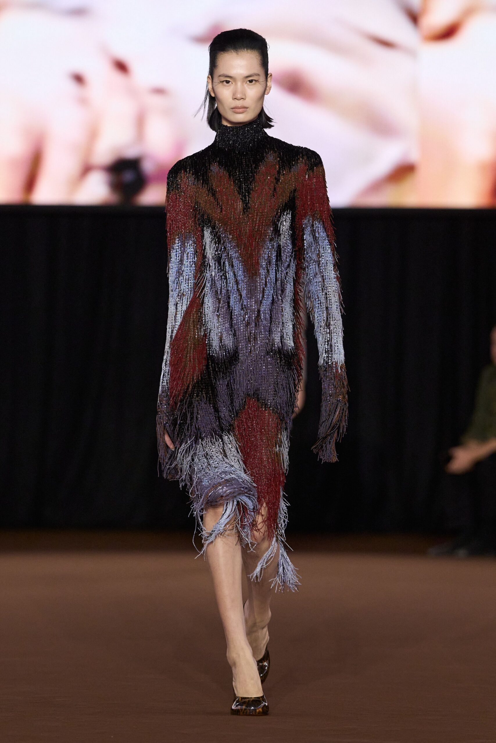 multi sequin long-sleeve high-neck fitted fringed abstract dress