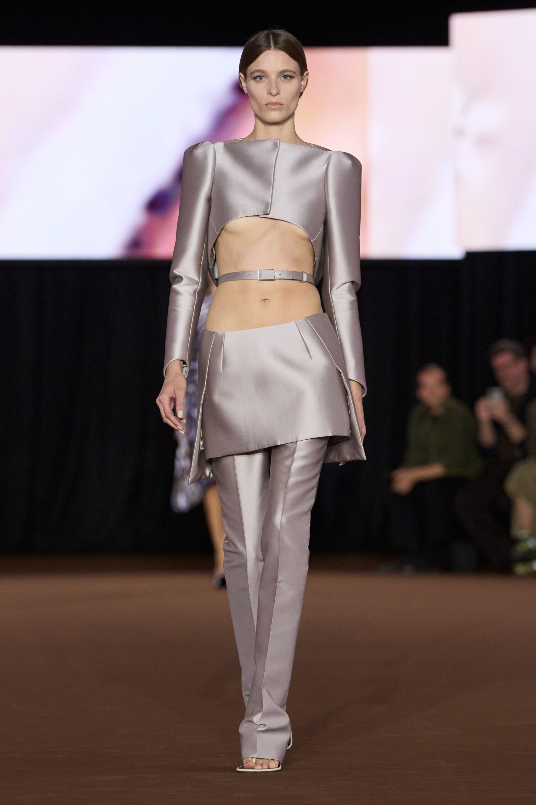 gray satin long-sleeve high-neck structured shiny cropped top