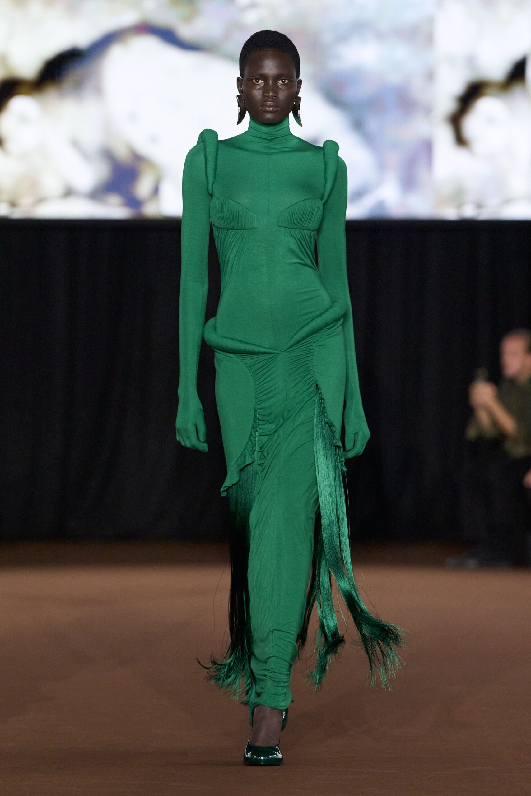green jersey long-sleeve turtleneck fitted ruched fringed gown