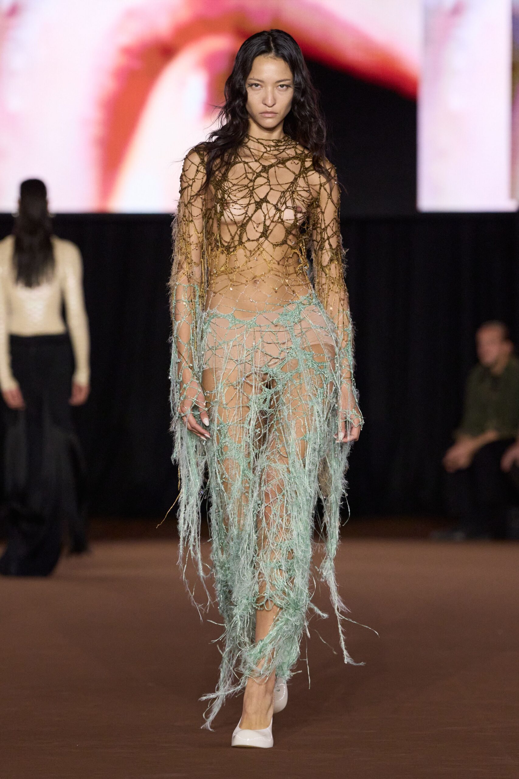 sheer webbed fringe maxi dress