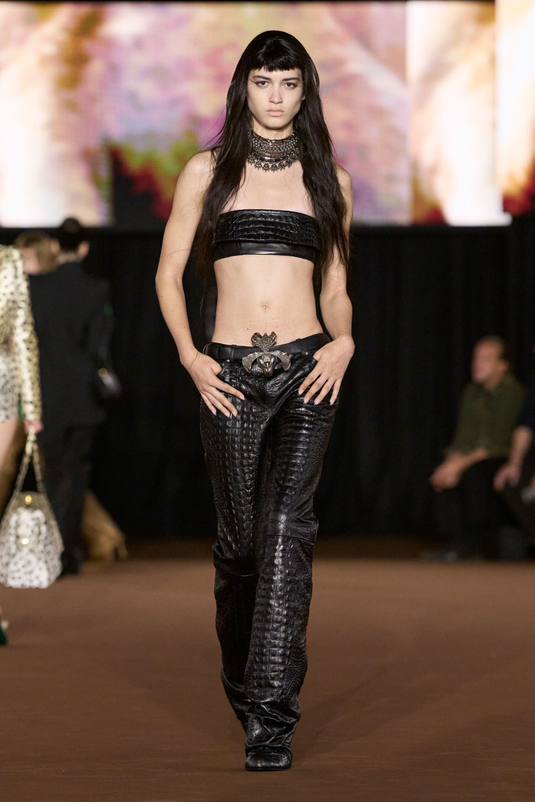 black crocodile-embossed leather pants