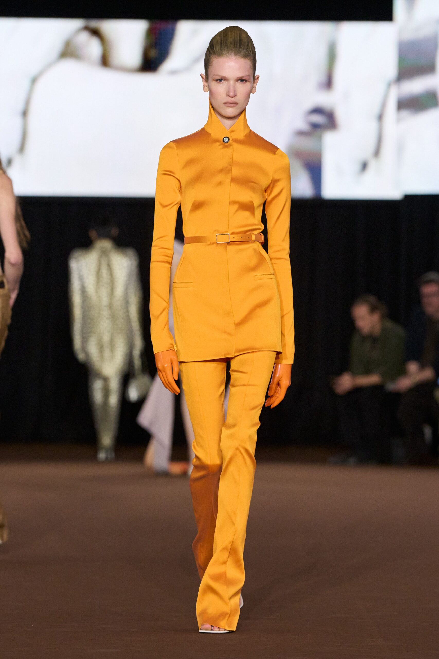 orange satin slim flared shiny pants