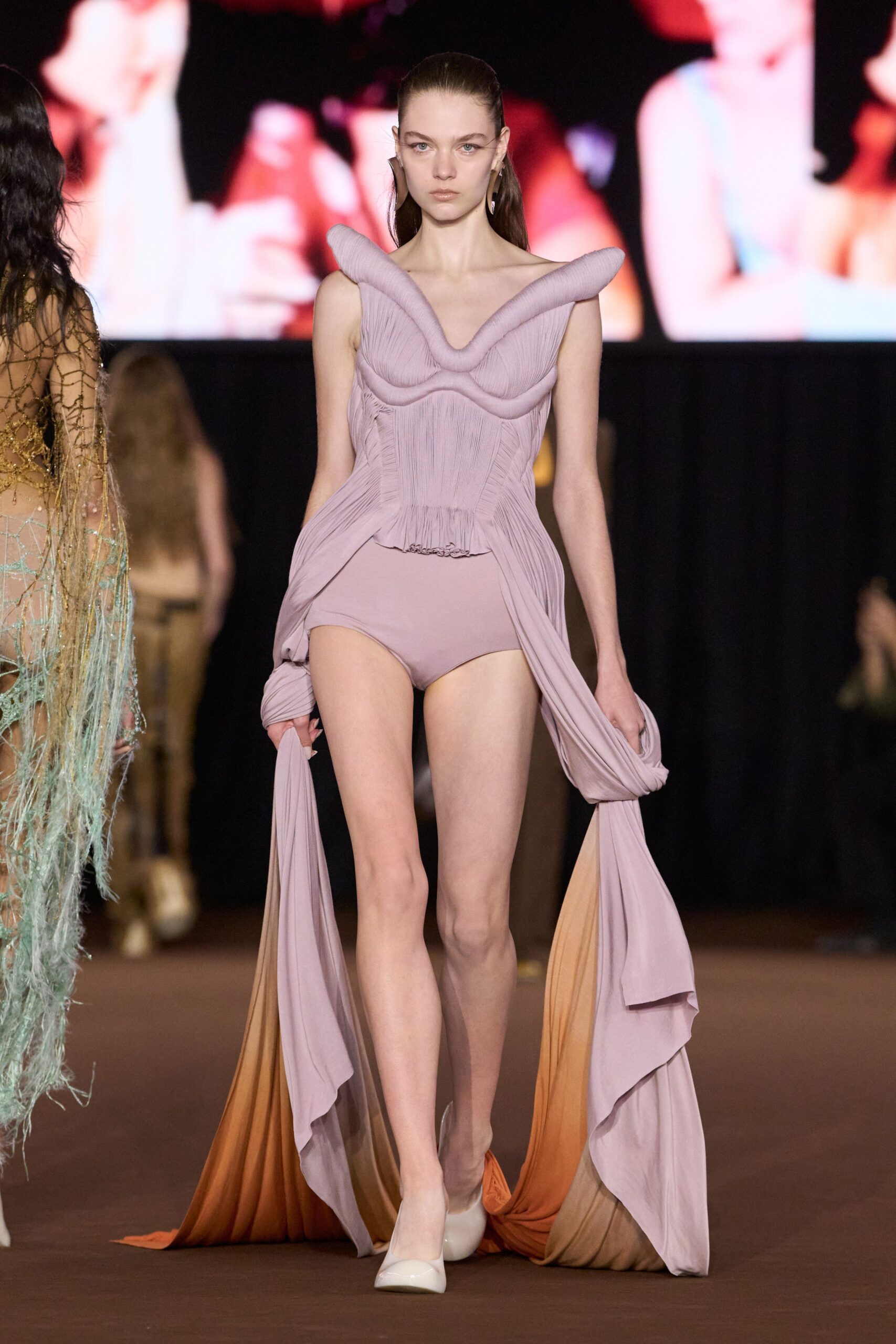 sculptural draped bodysuit with train panels