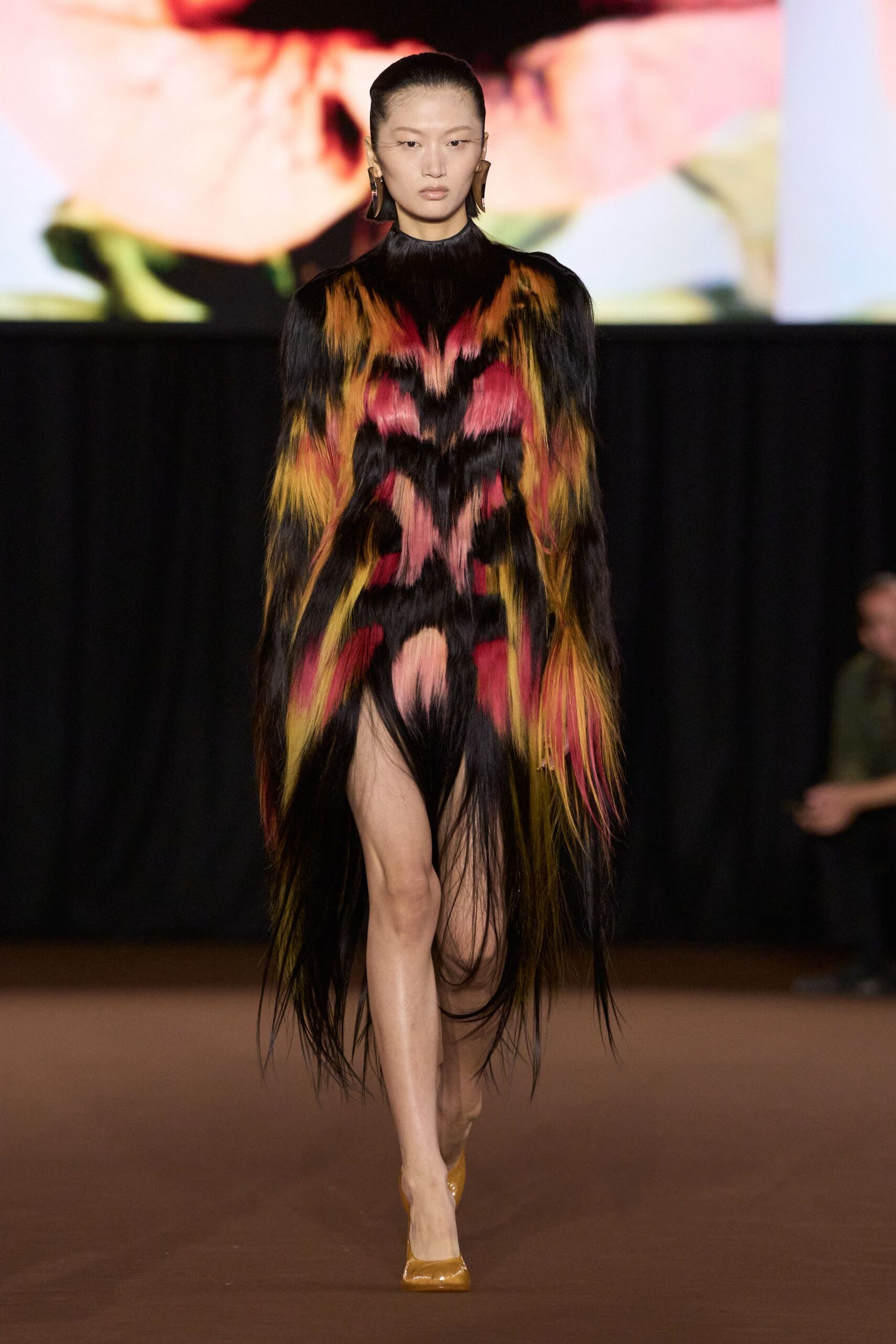 black fur long-sleeve high-neck fringed textured maxi dress