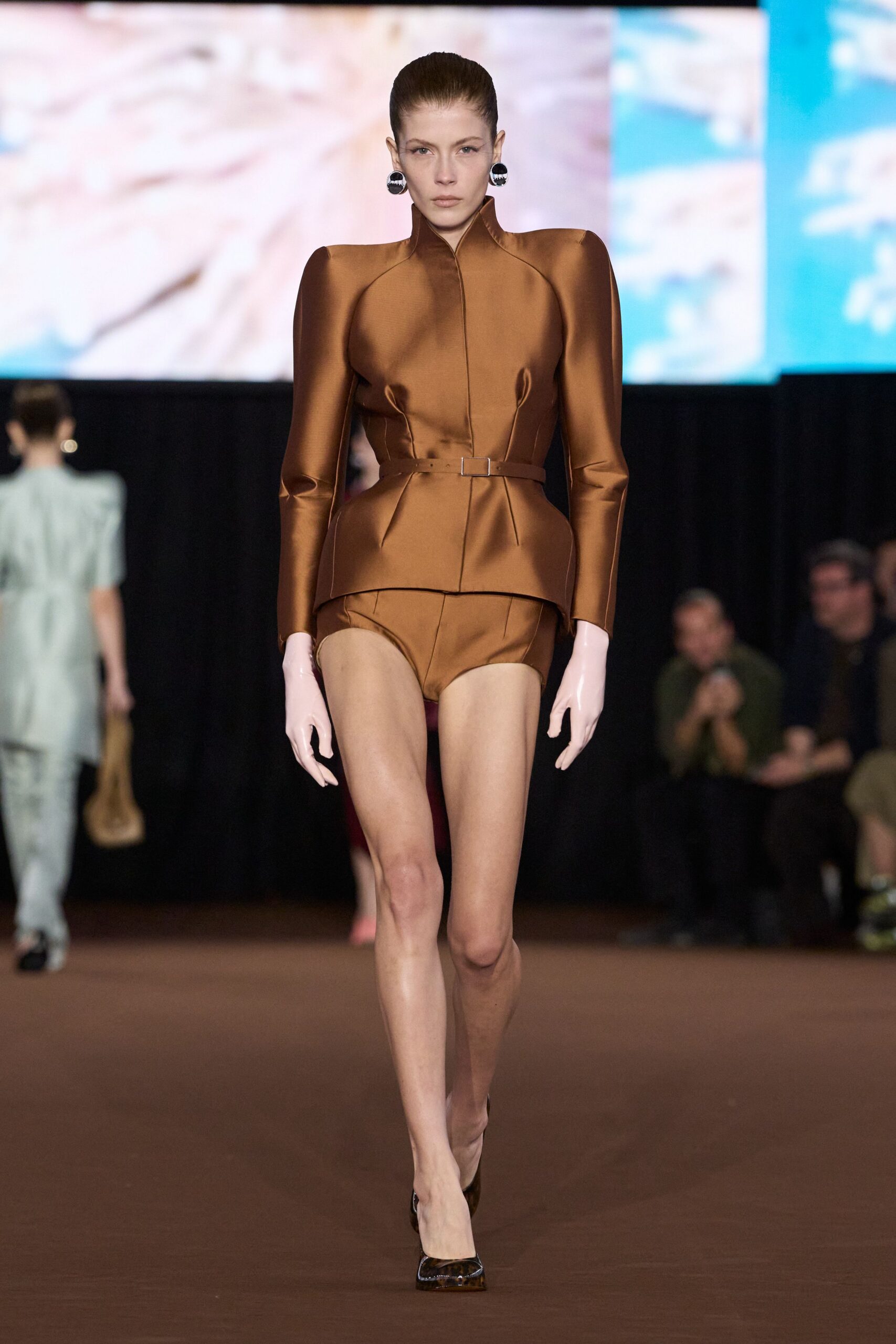 brown satin high-waisted shiny short shorts
