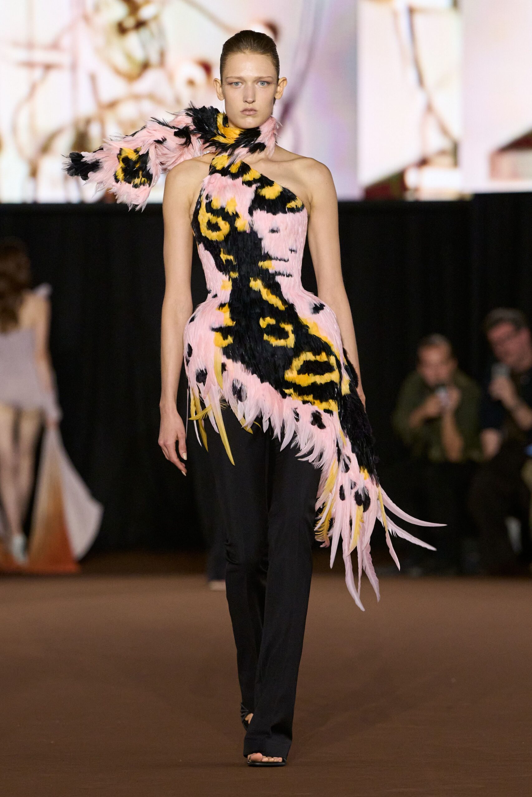pink feather asymmetric halter fitted animal-print feathered top