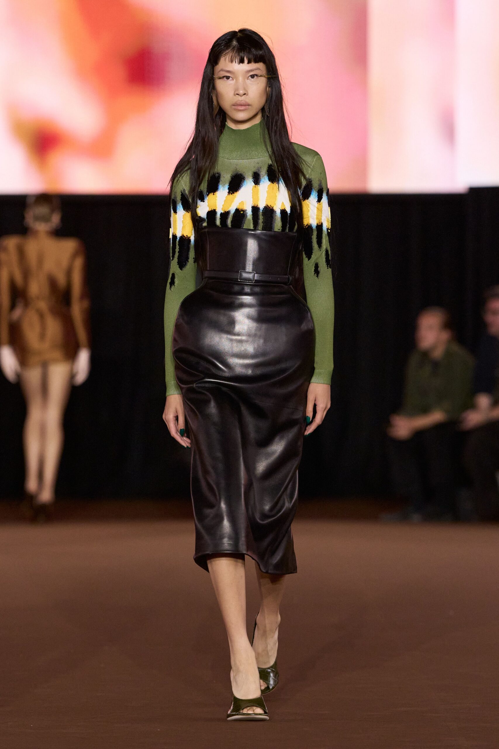 brown leather fitted belted shiny midi skirt