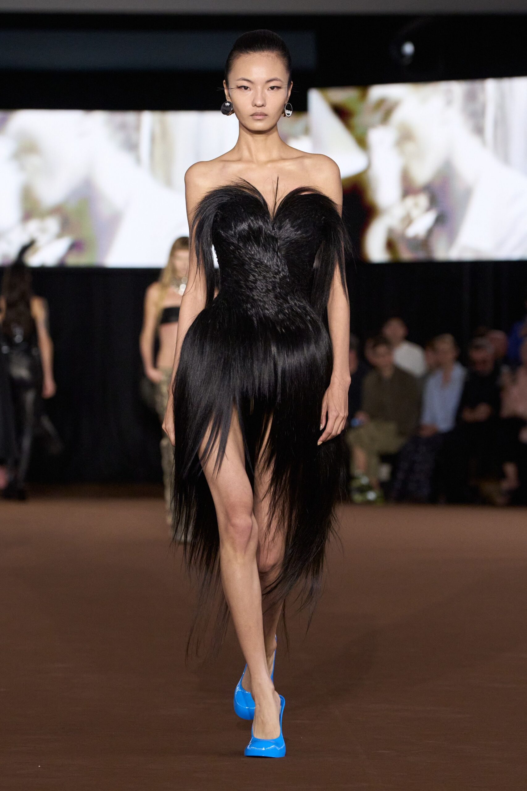black fur strapless sweetheart fitted feathered textured dress