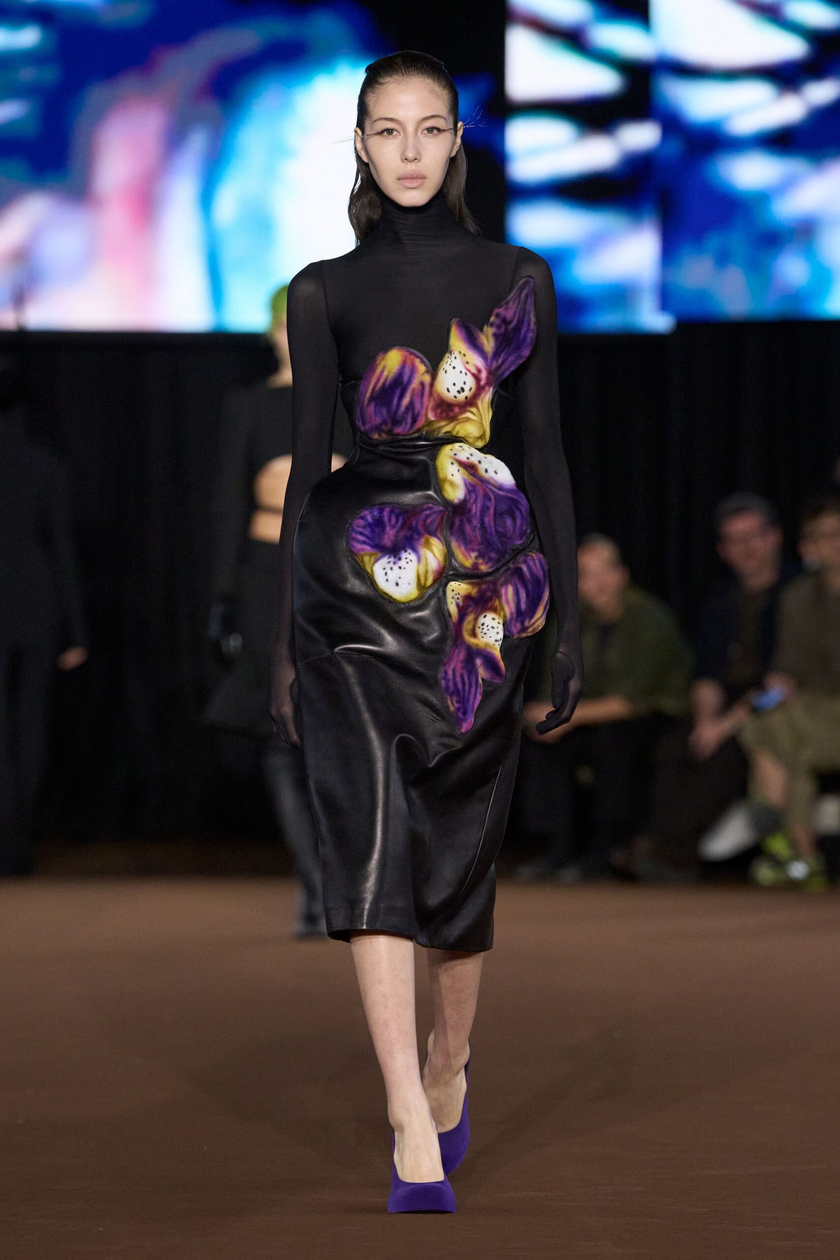 black leather long-sleeve turtleneck fitted floral embroidered dress
