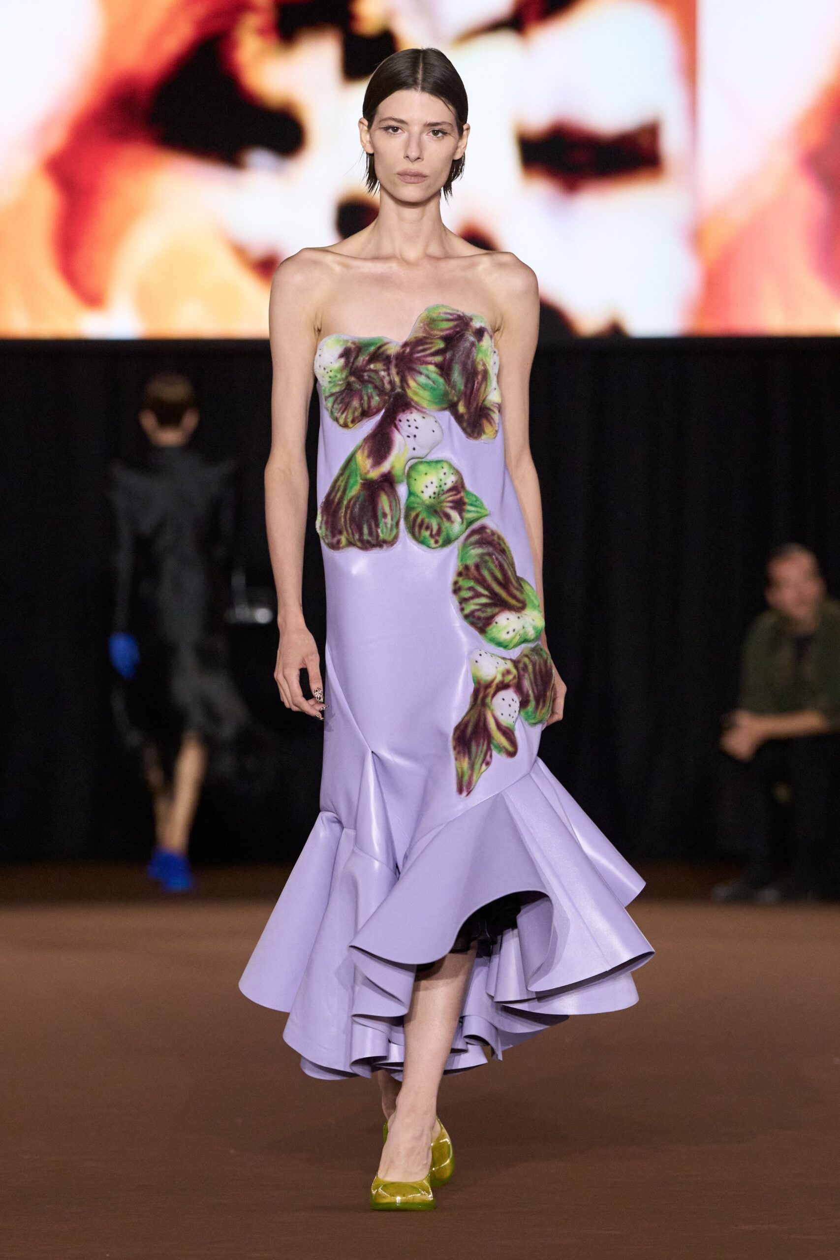 lavender satin strapless sweetheart floral ruffled dress