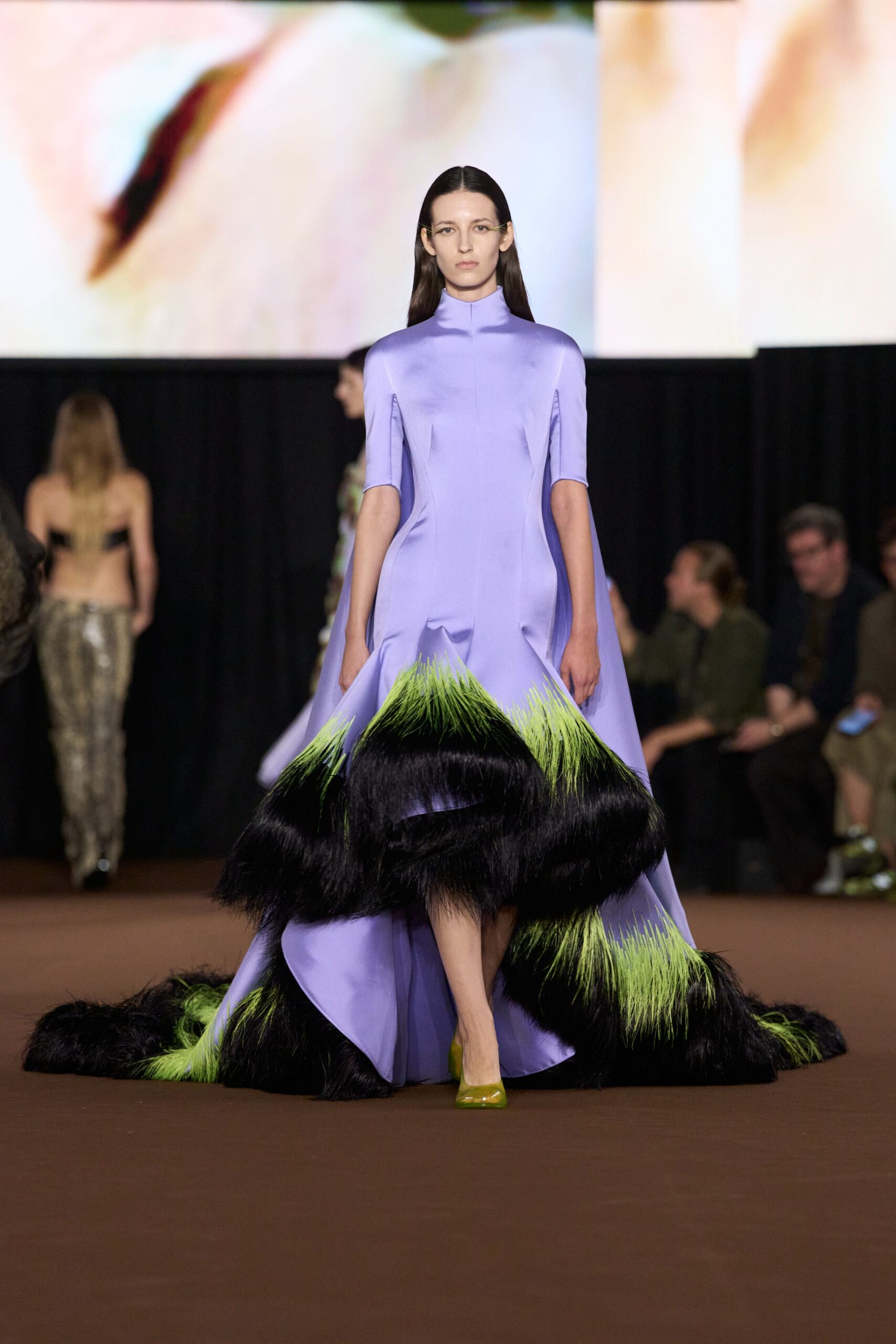 lavender feather-trim mermaid evening gown