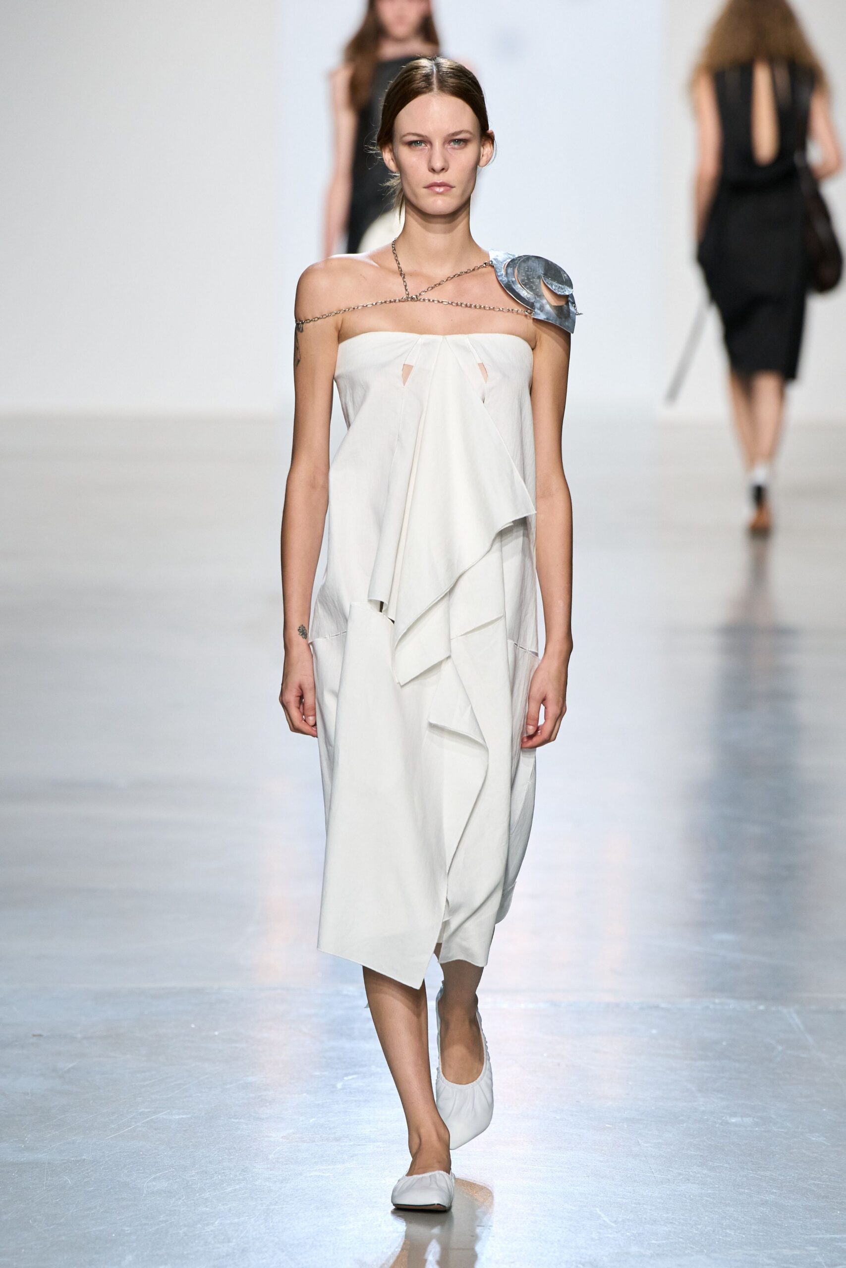 strapless draped white midi dress