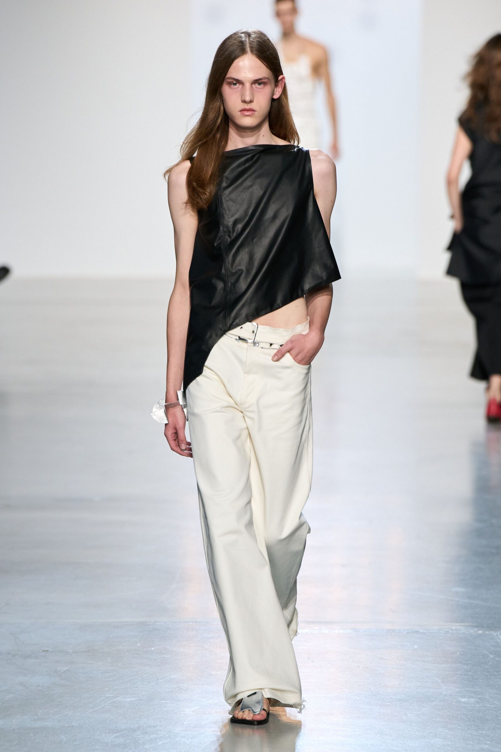 black one-shoulder leather top