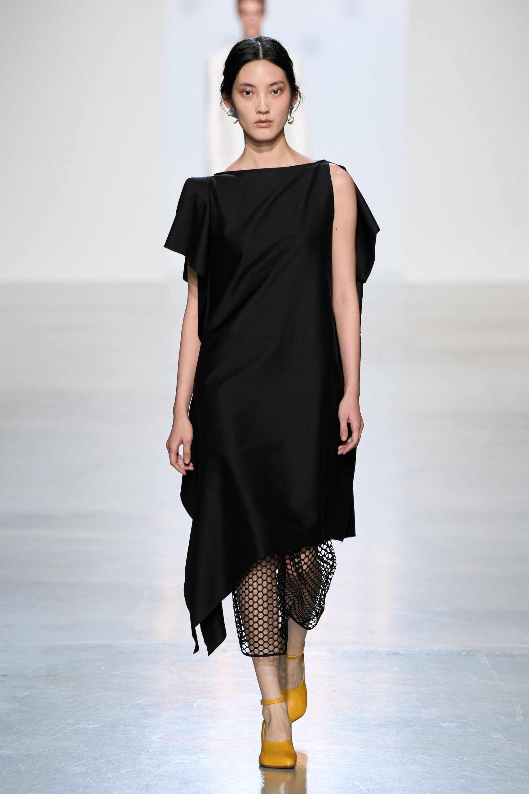 black mesh asymmetric boat-neck draped openwork dress