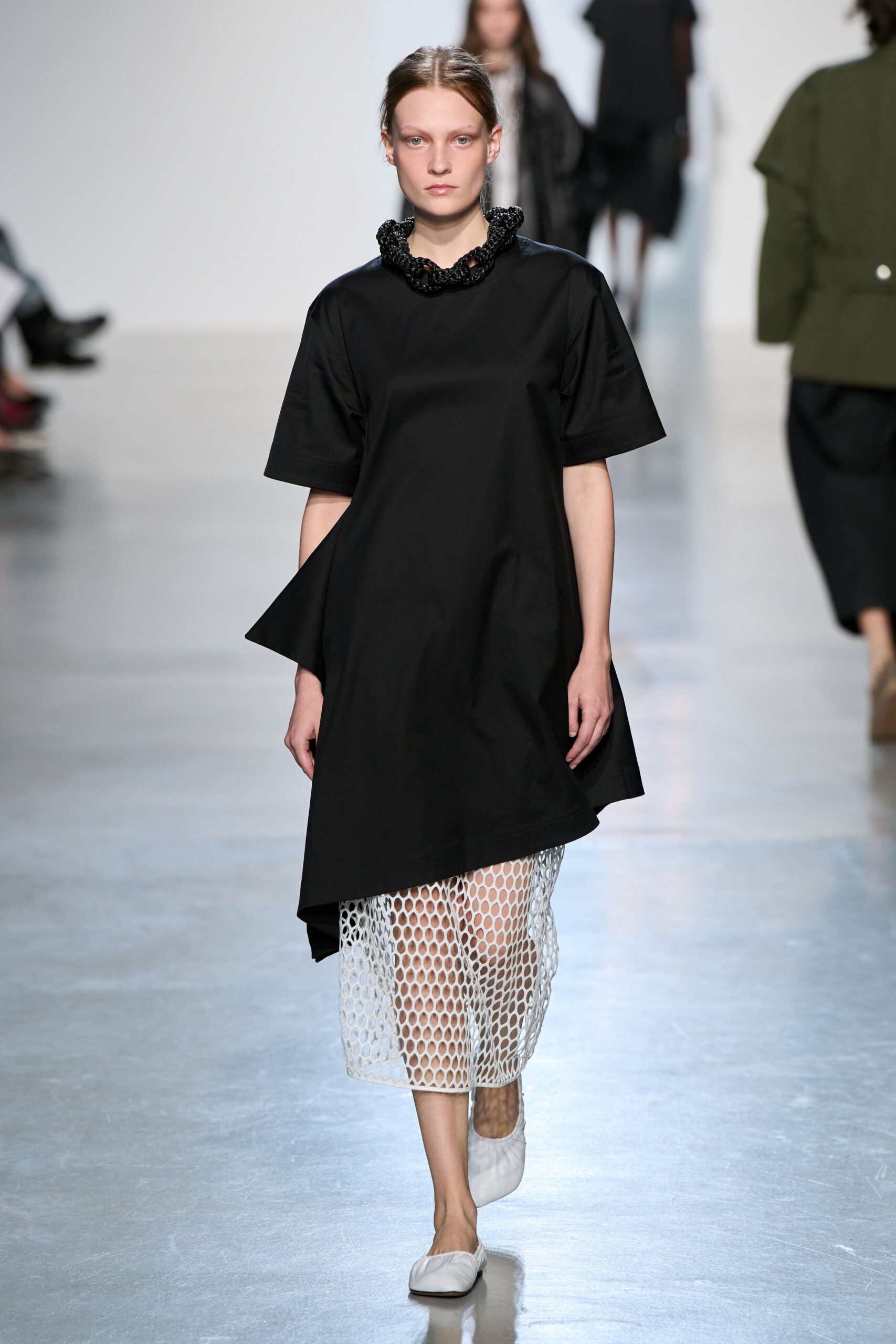 black short-sleeve high-neck relaxed draped midi dress