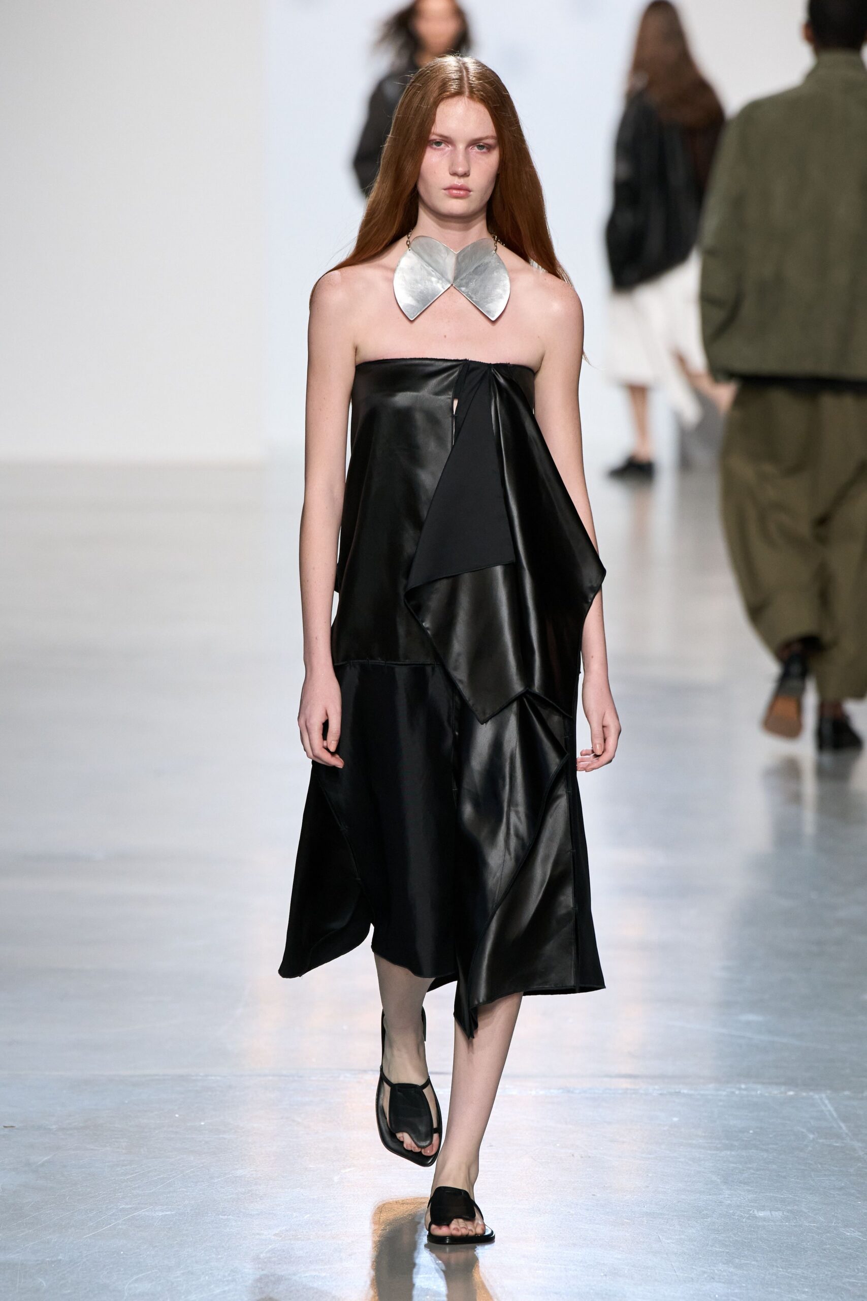 black strapless leather midi dress