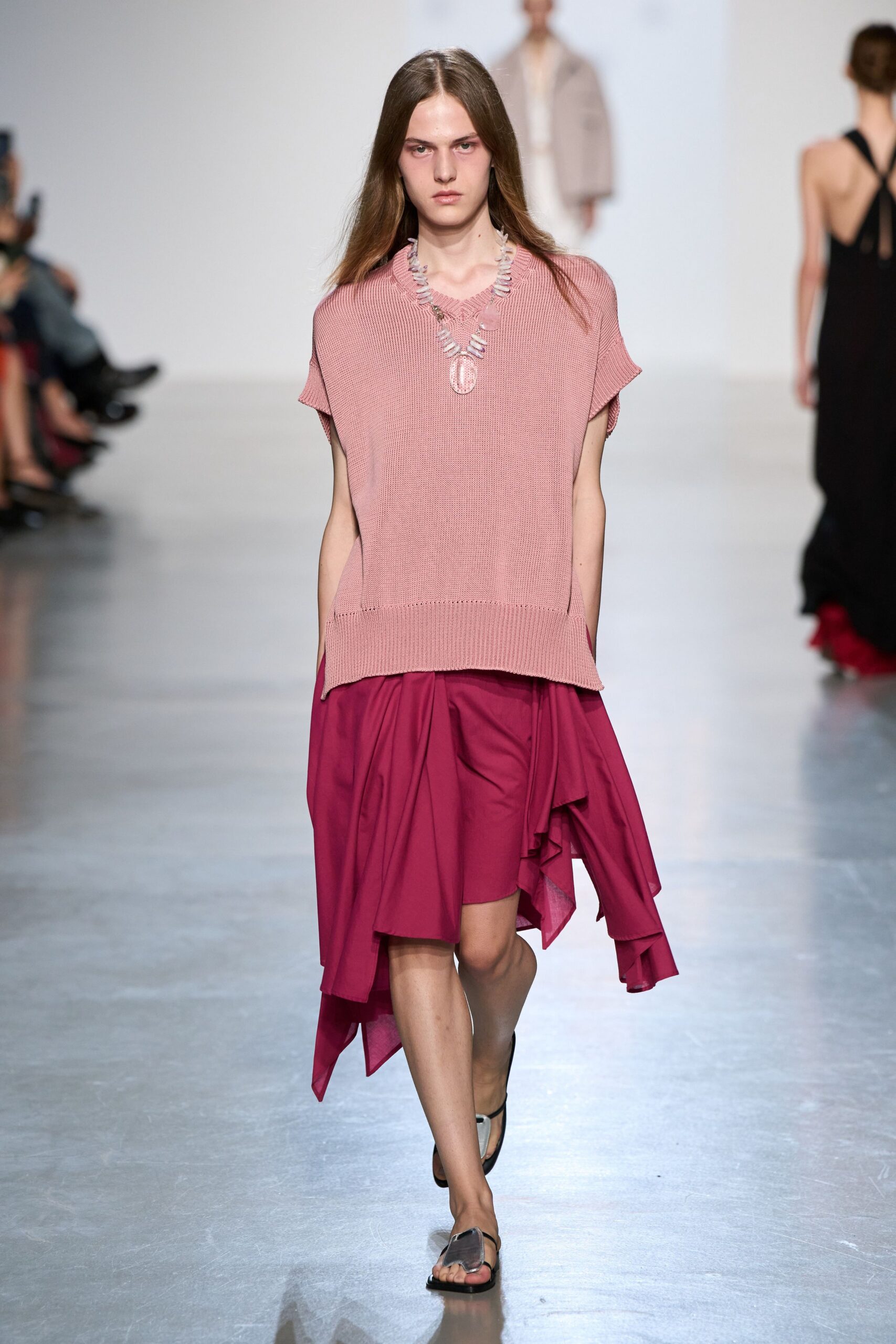 asymmetric draped red midi skirt