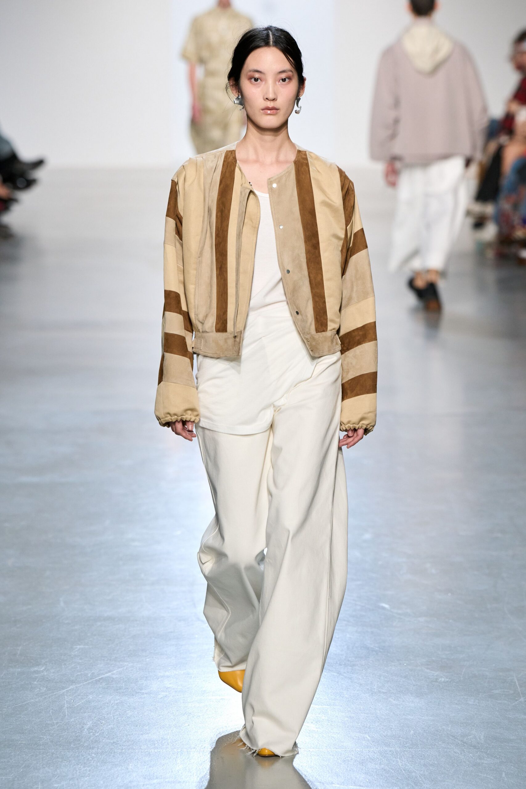 beige suede long-sleeve open-front relaxed striped panelled jacket