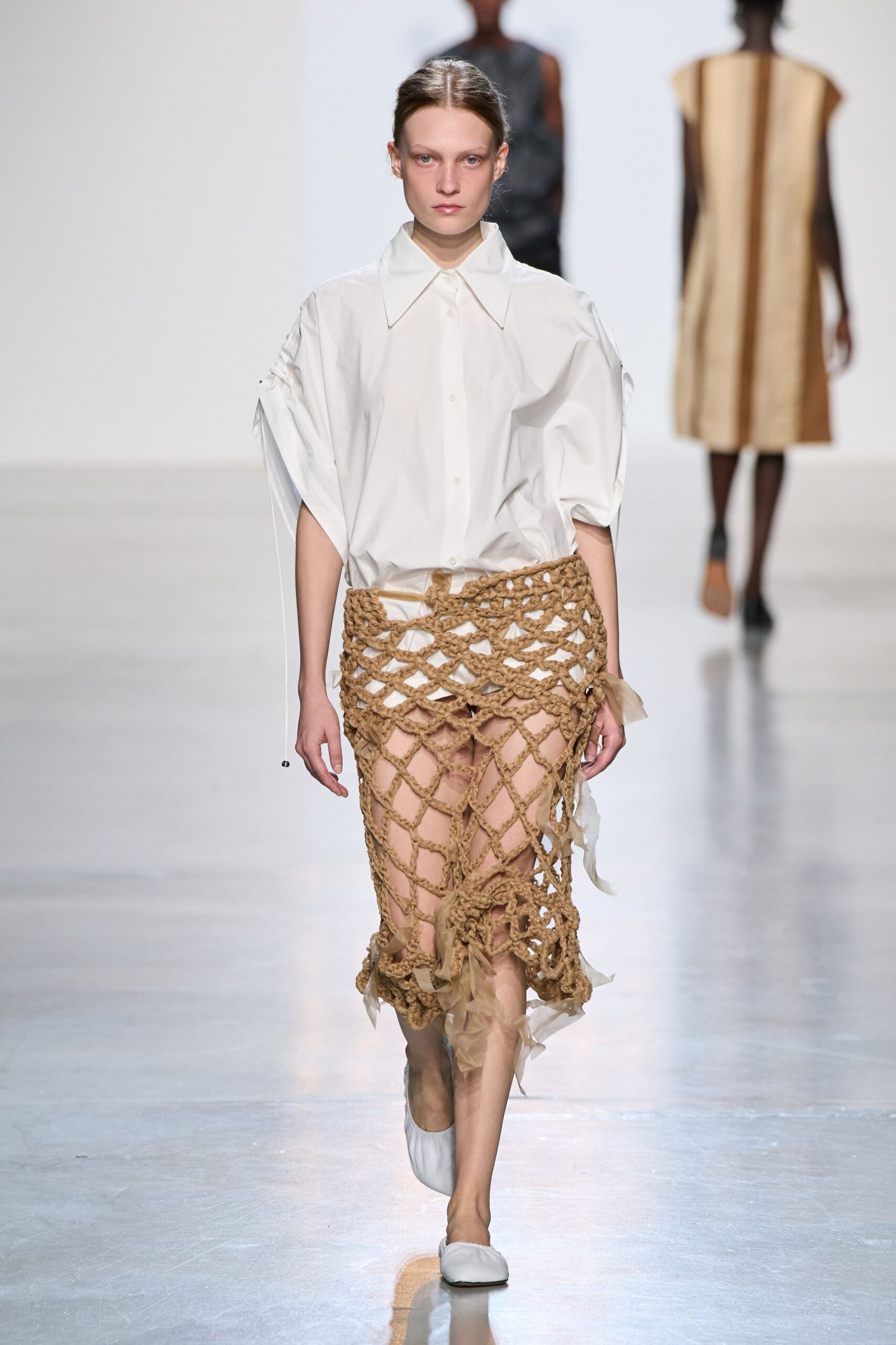 brown crochet openwork textured sheer midi skirt