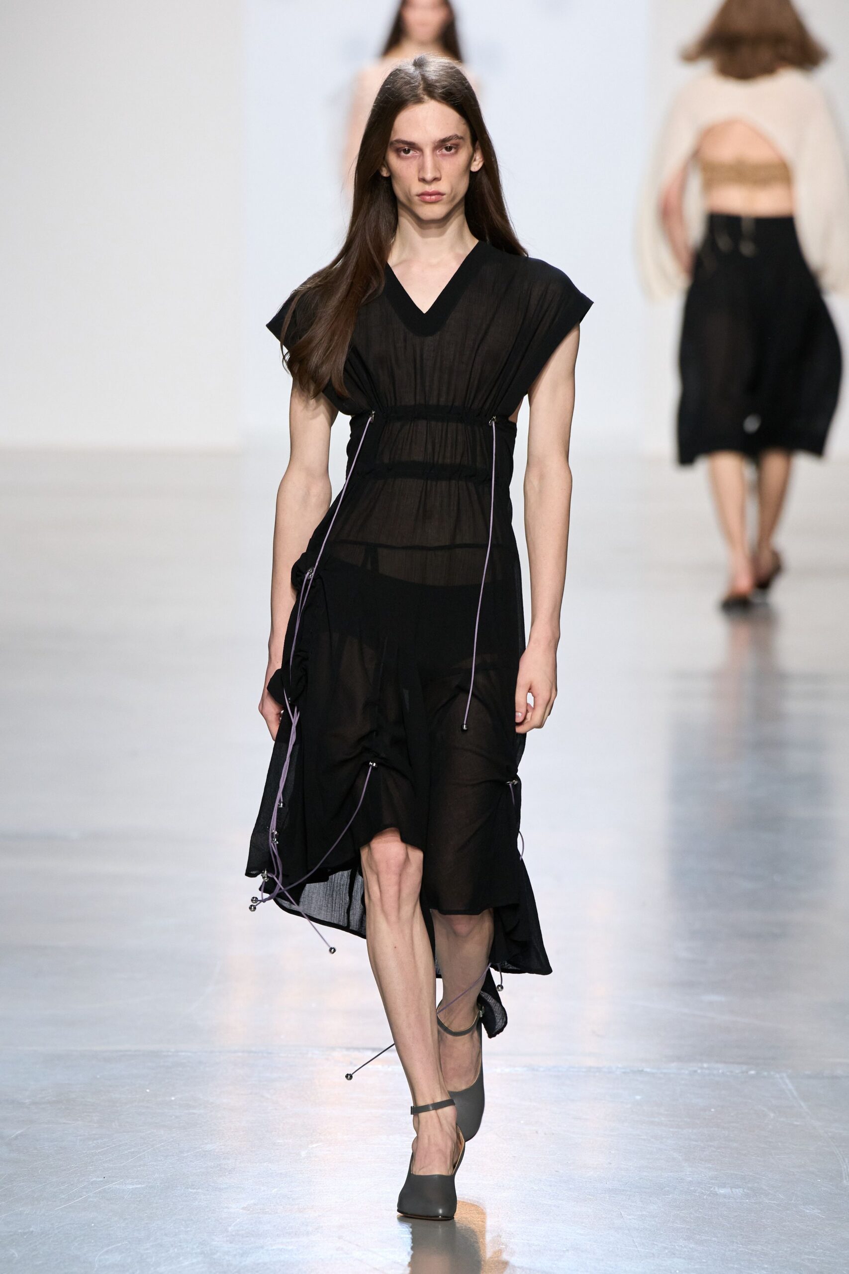 black chiffon v-neck short-sleeve draped ruched dress
