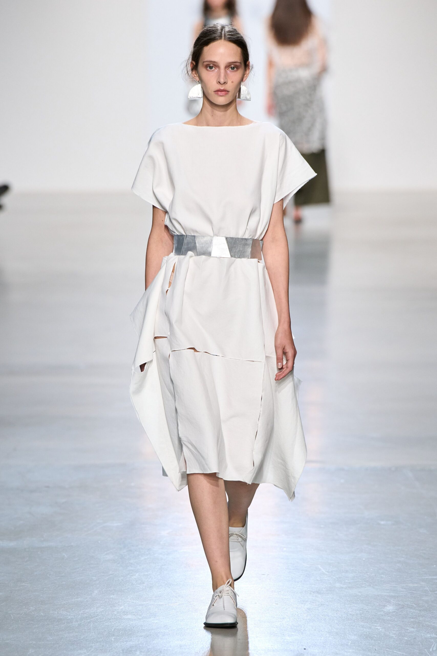 white sculptural draped midi dress