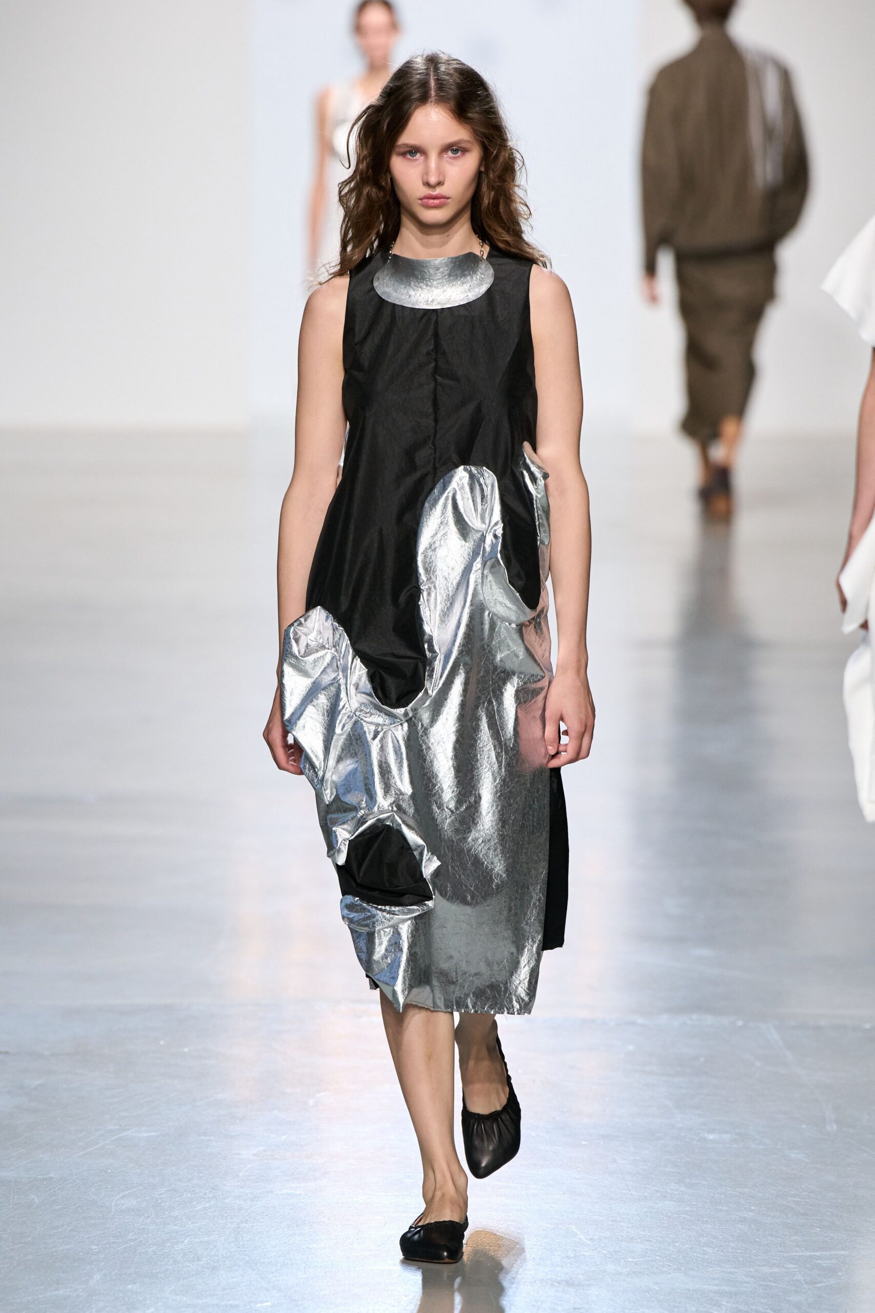 black and silver foil panel midi dress