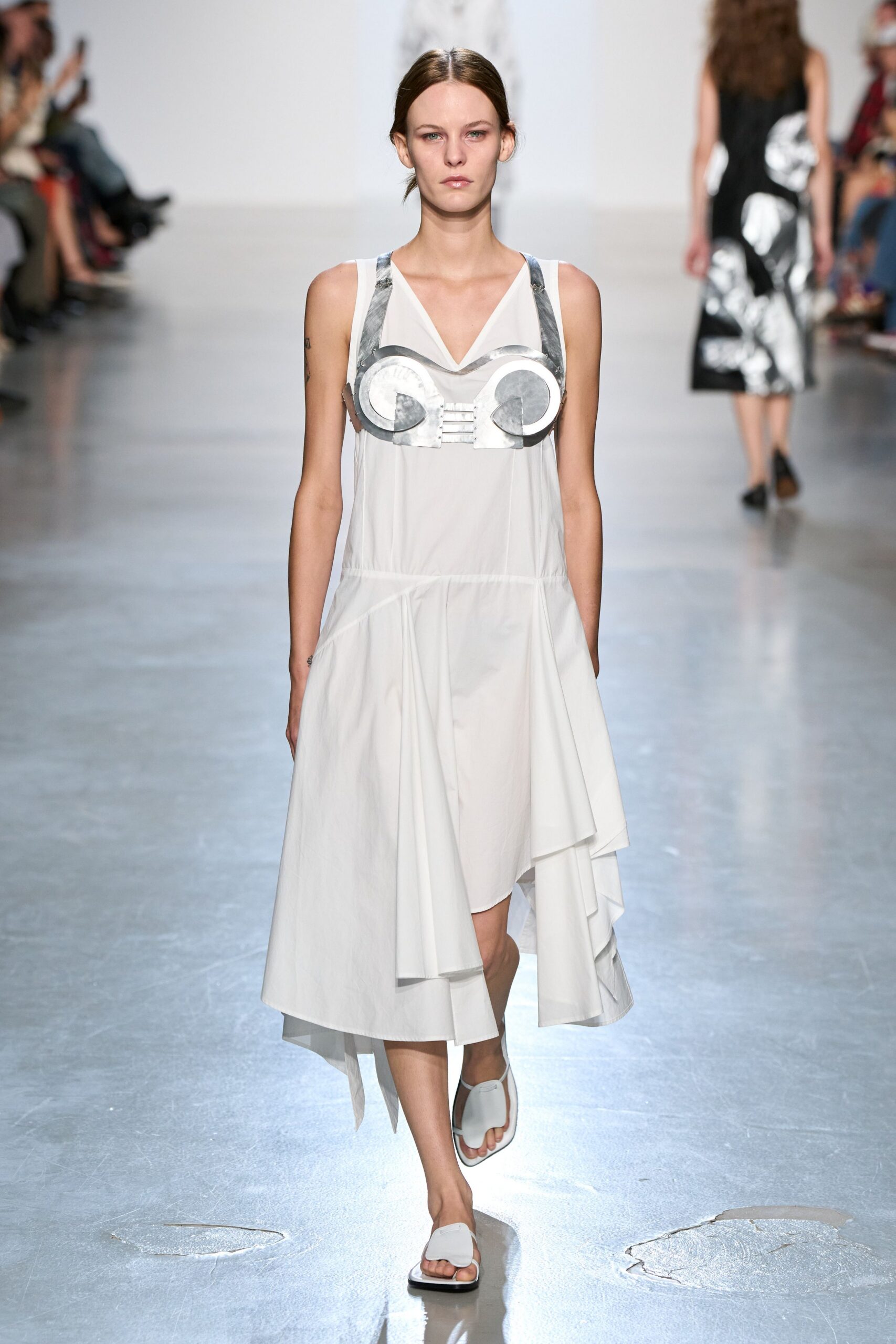 white asymmetric chiffon dress with metal bustier