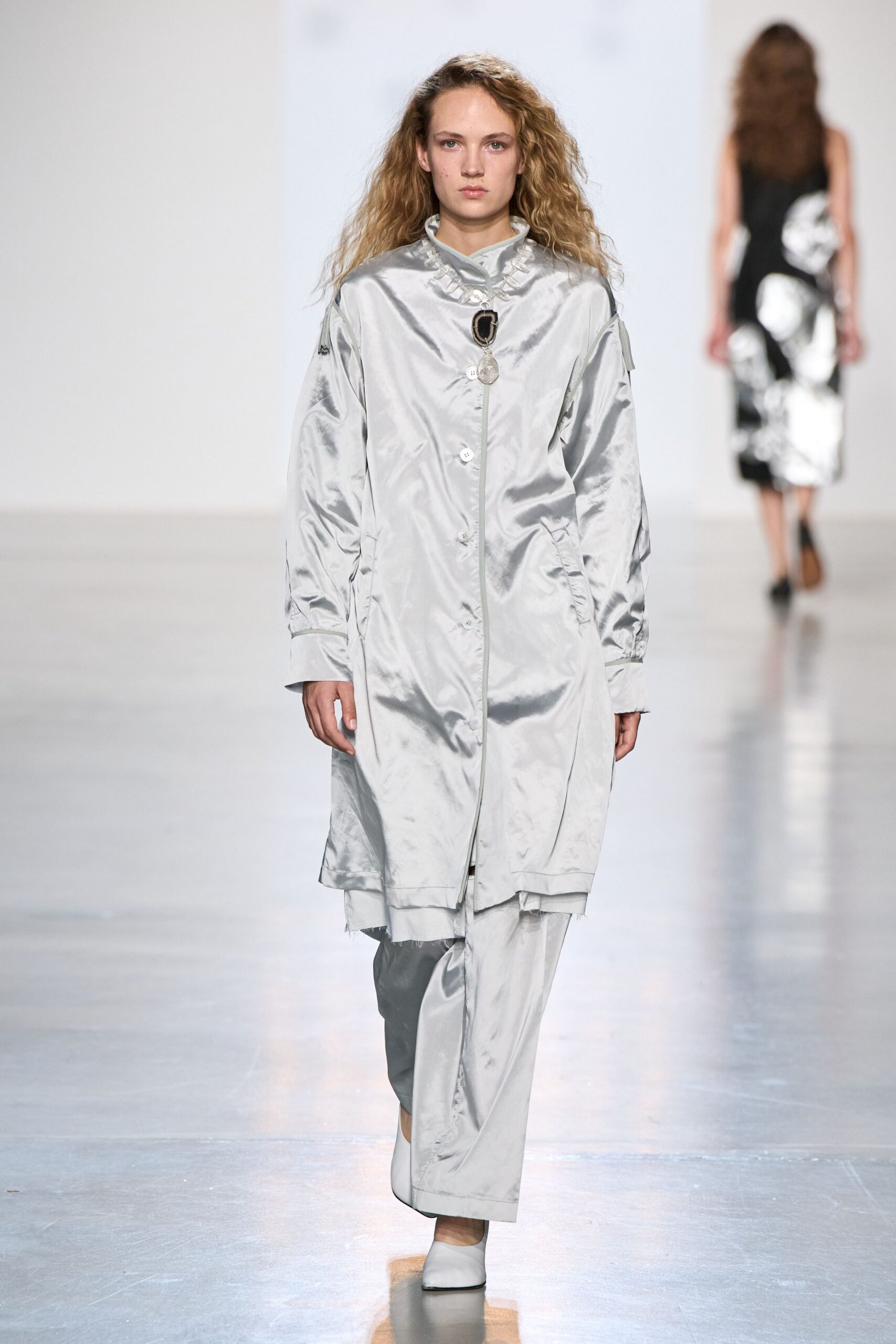 silver satin car coat