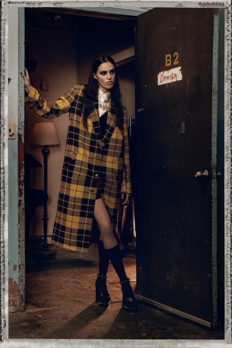 yellow wool long-sleeve collared oversized checked buttoned coat