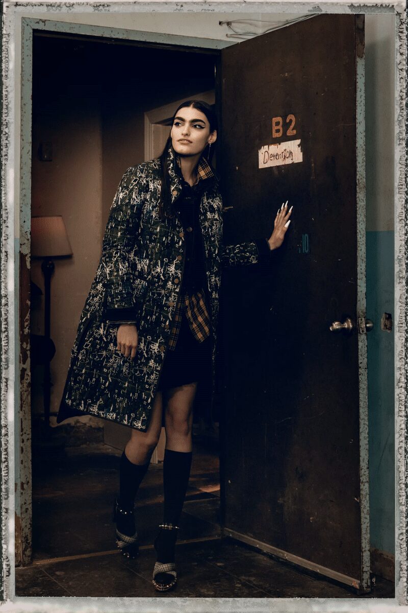 black tweed long-sleeve collared structured printed buttoned coat
