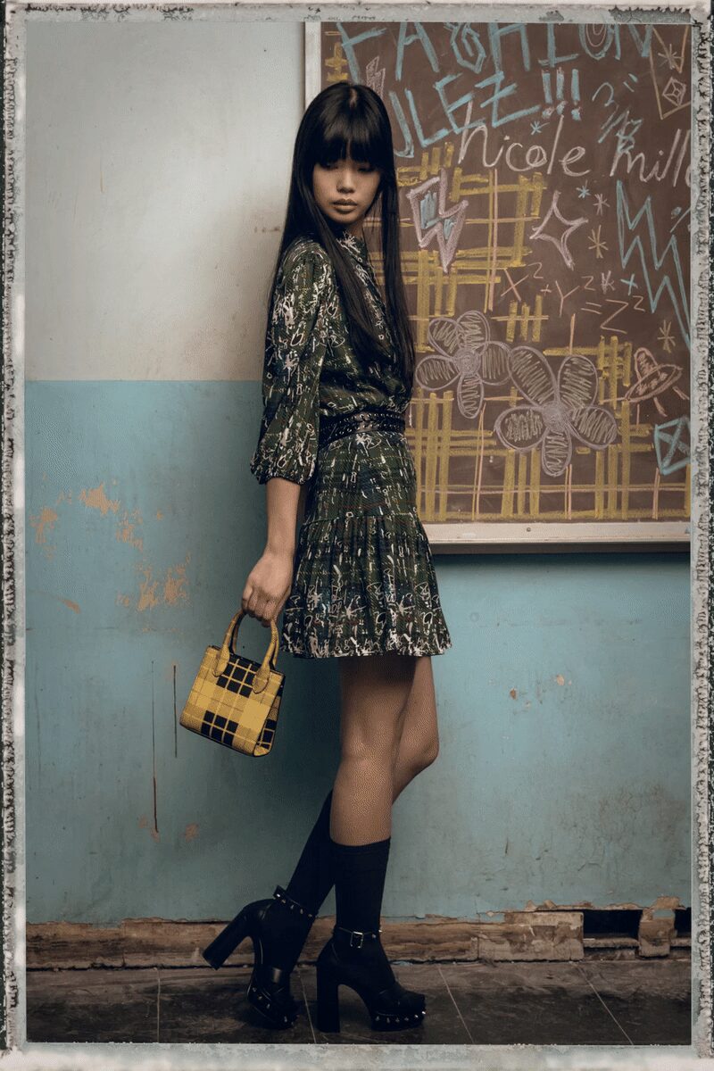 green long-sleeve high-neck printed pleated mini mini-dress
